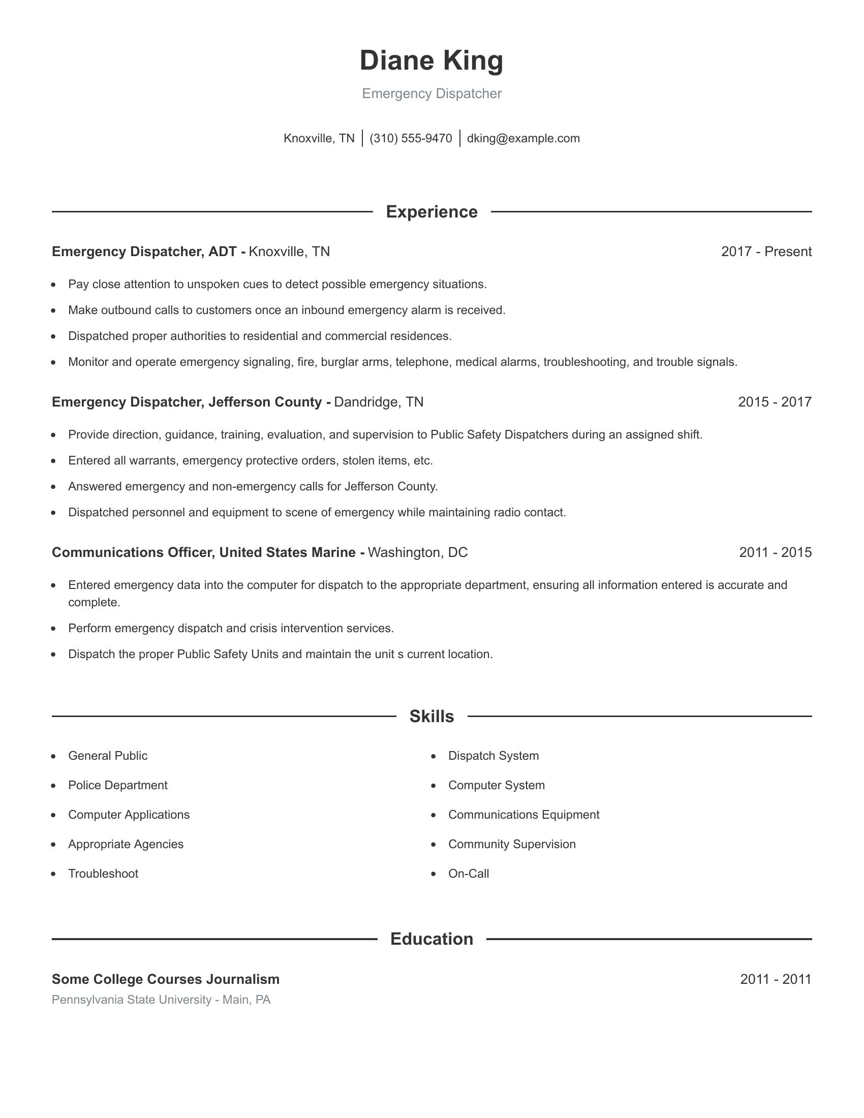 Emergency Dispatcher resume example