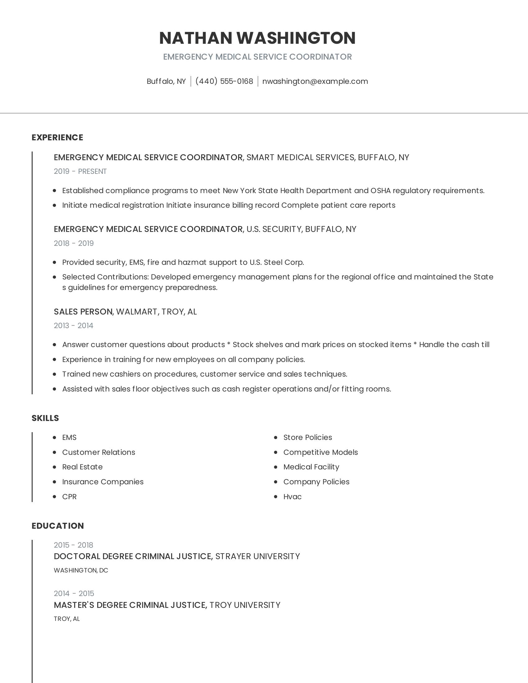 Emergency Medical Service Coordinator resume example