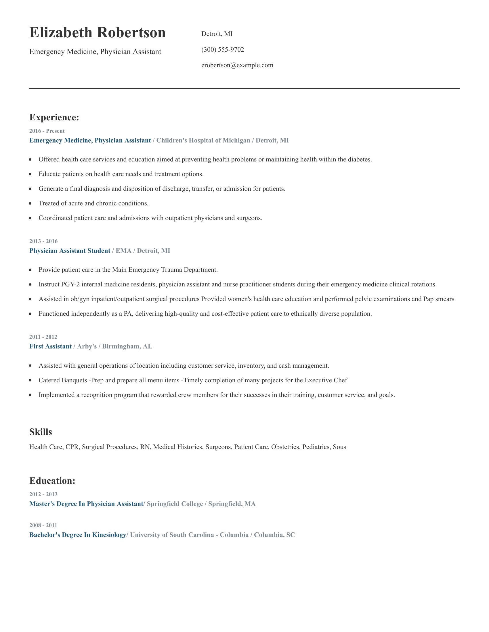 Emergency Medicine, Physician Assistant resume example