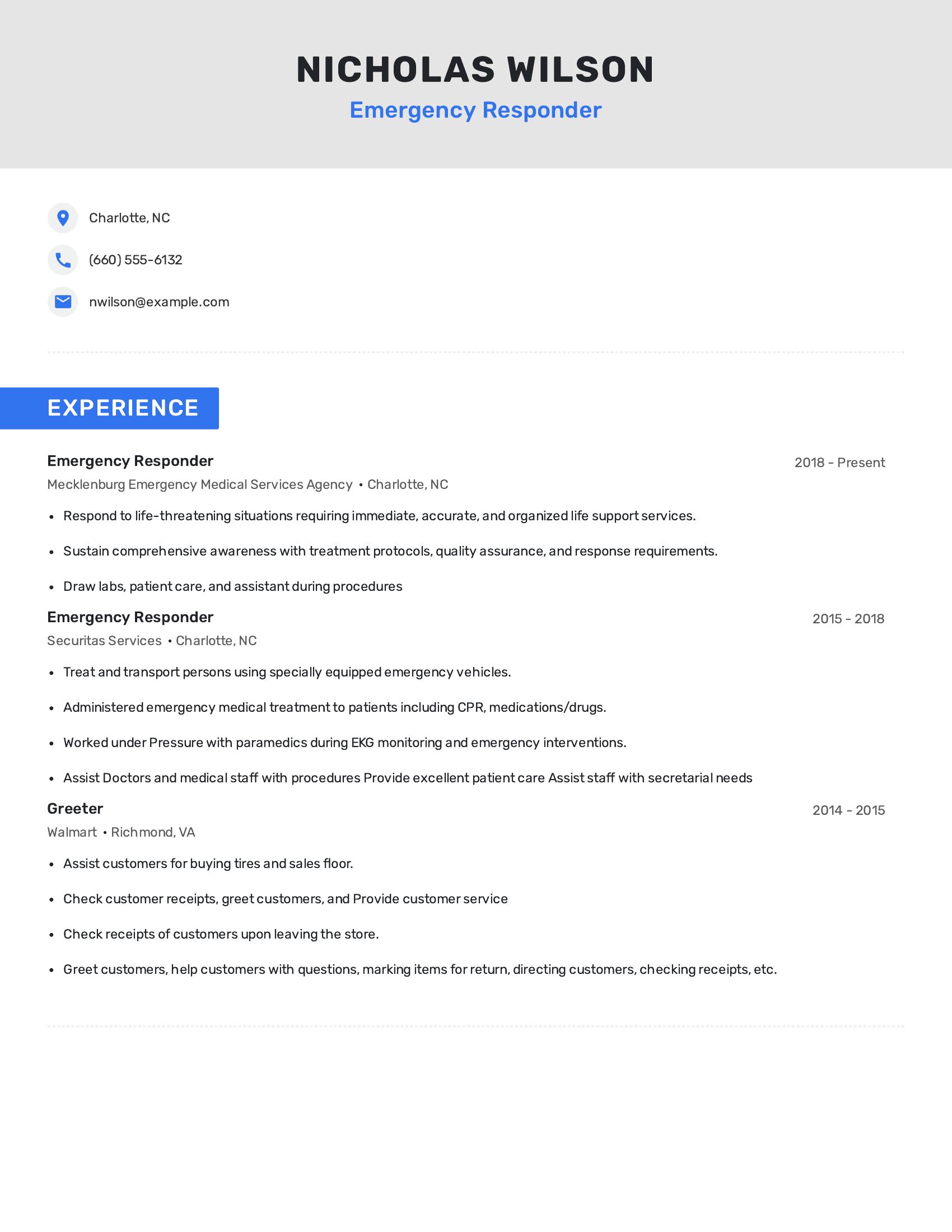 Emergency Responder resume example