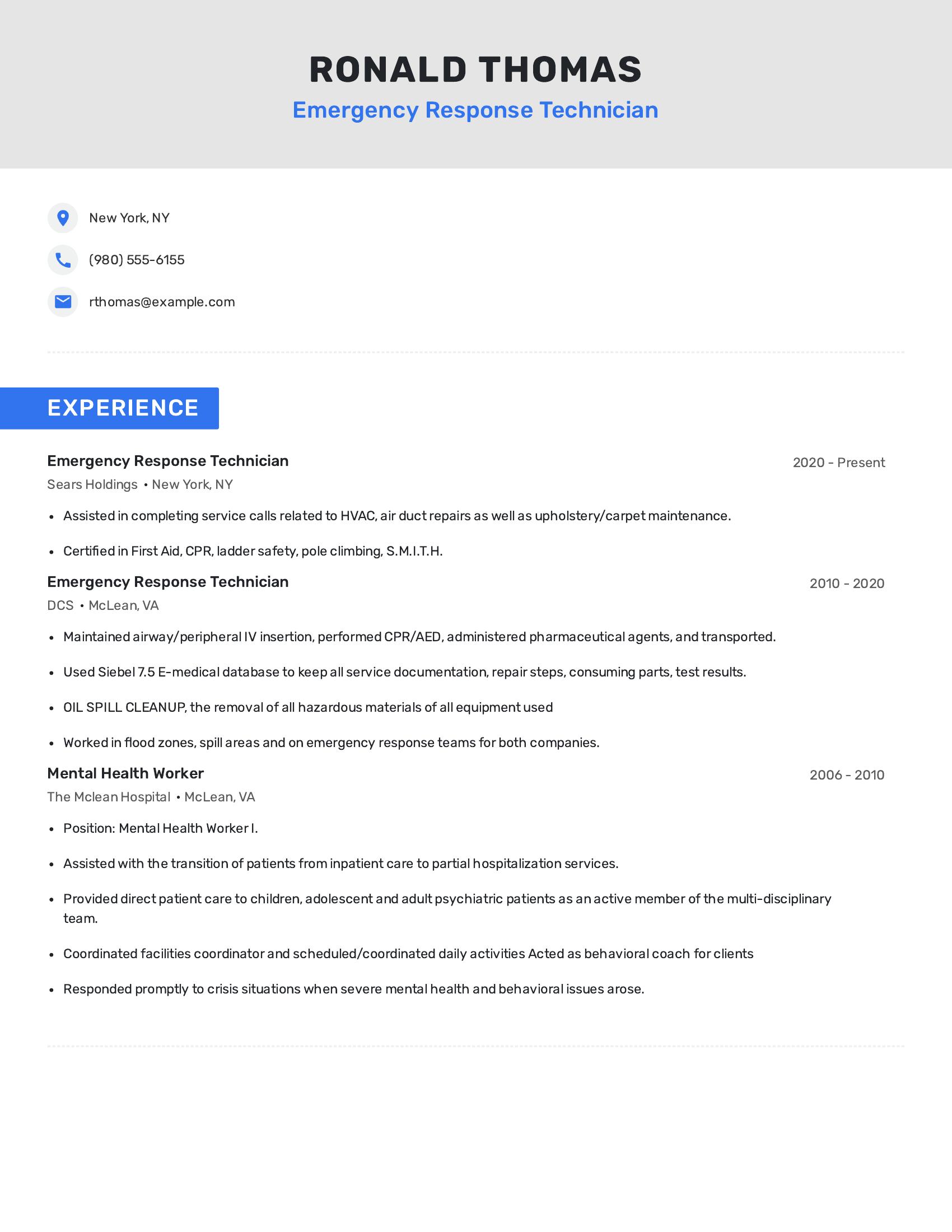 Emergency Response Technician resume example