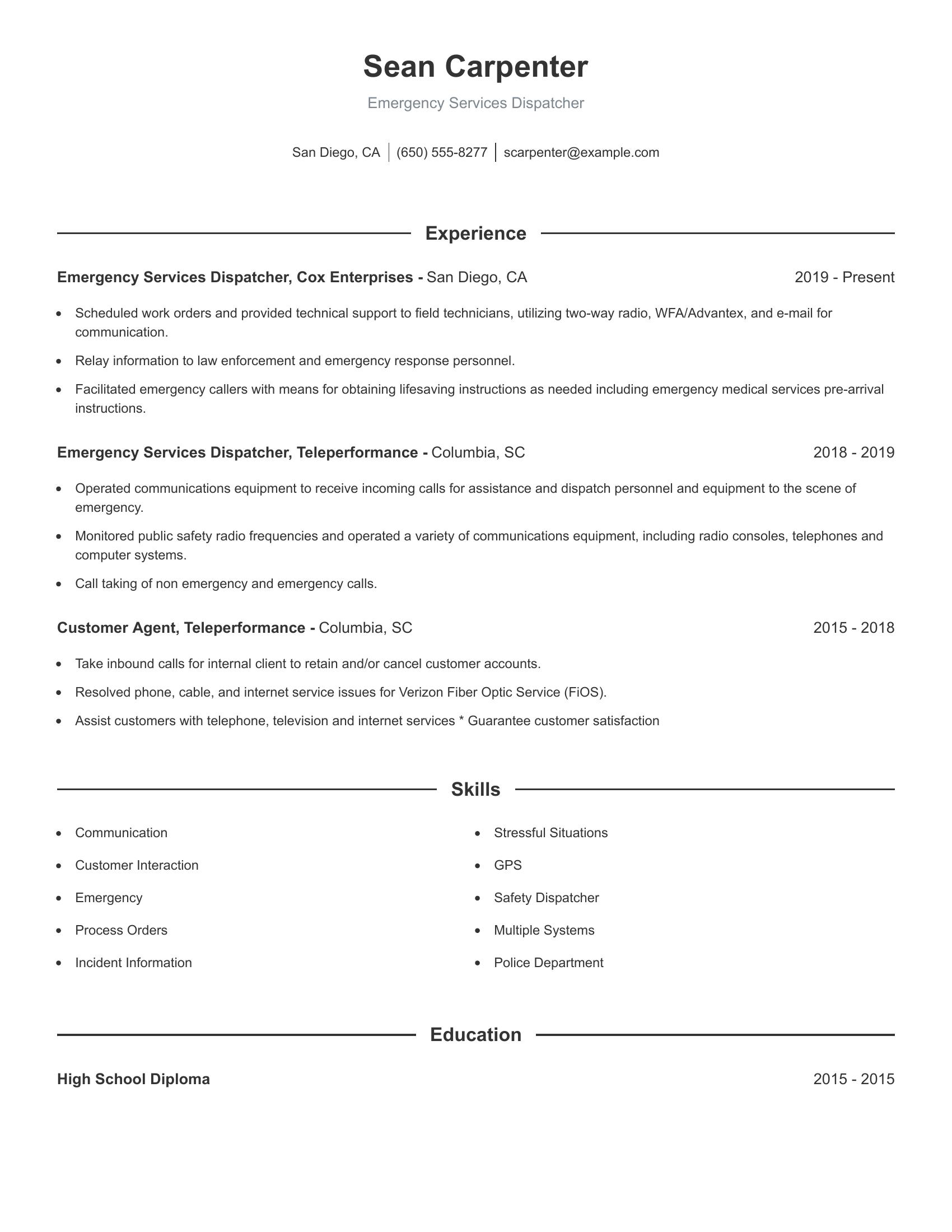 Emergency Services Dispatcher resume example