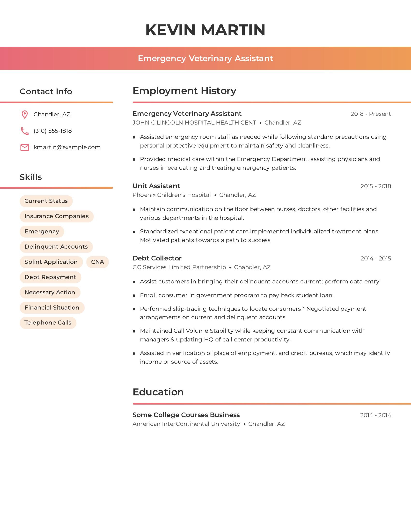 Emergency Veterinary Assistant resume example