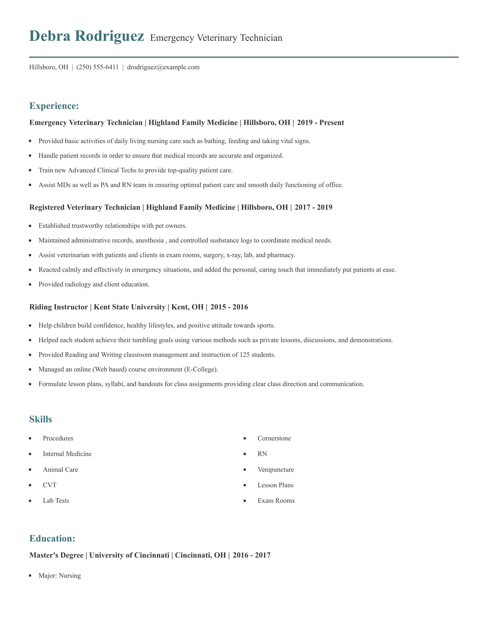 Emergency Veterinary Technician resume example