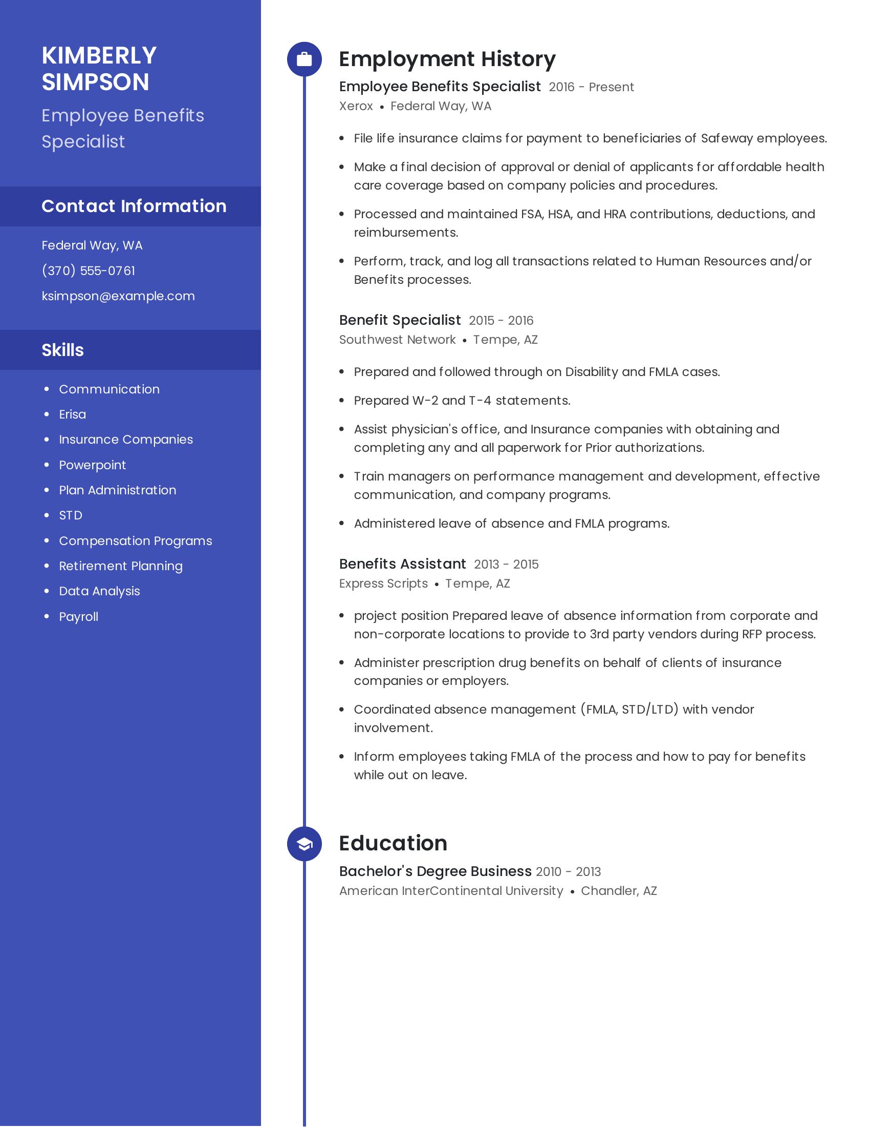 Employee Benefits Specialist resume example