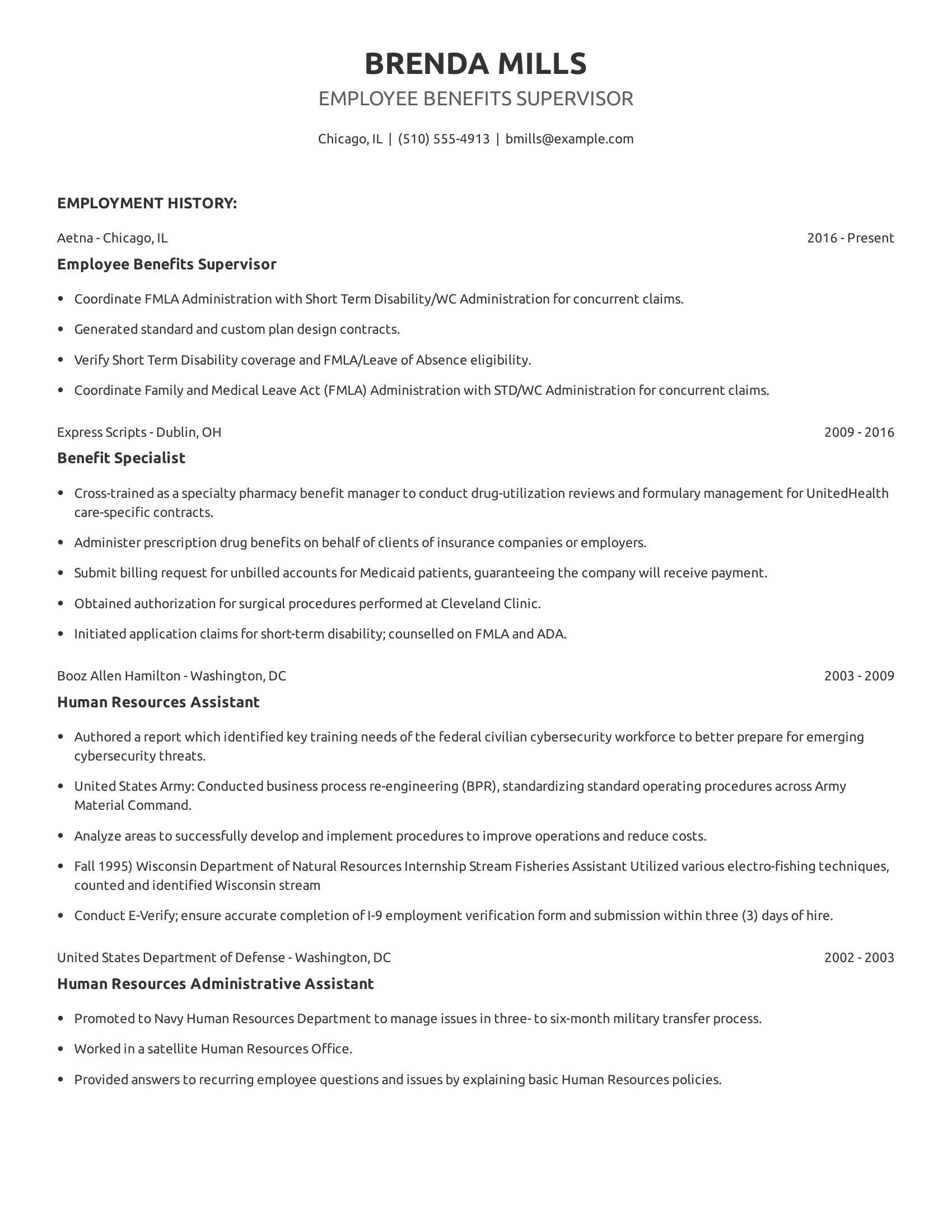 Employee Benefits Supervisor resume example