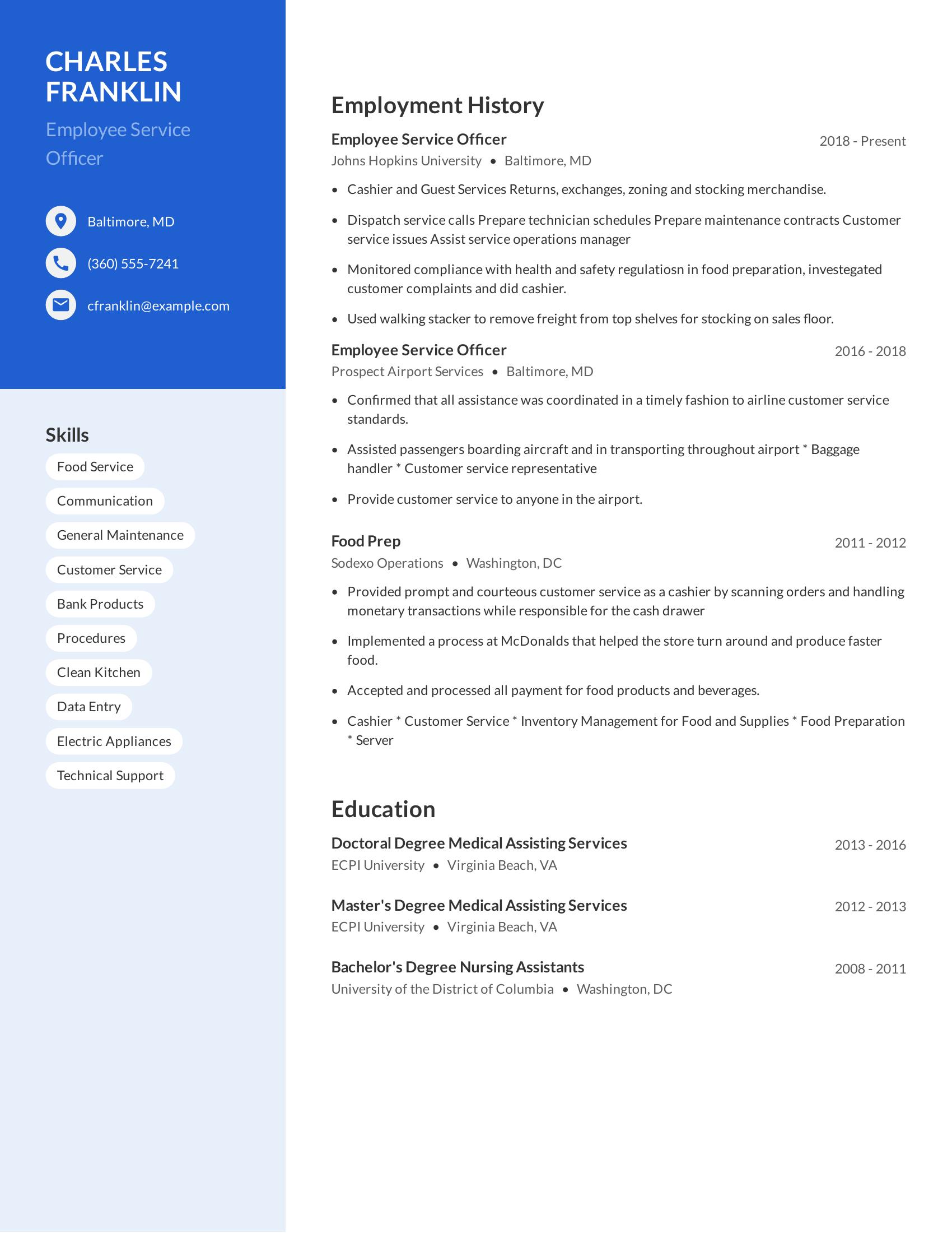 Employee Service Officer resume example