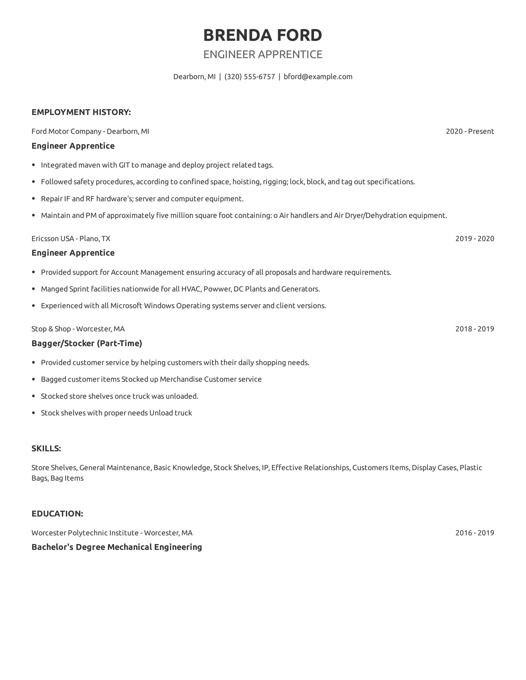 Engineer Apprentice resume example