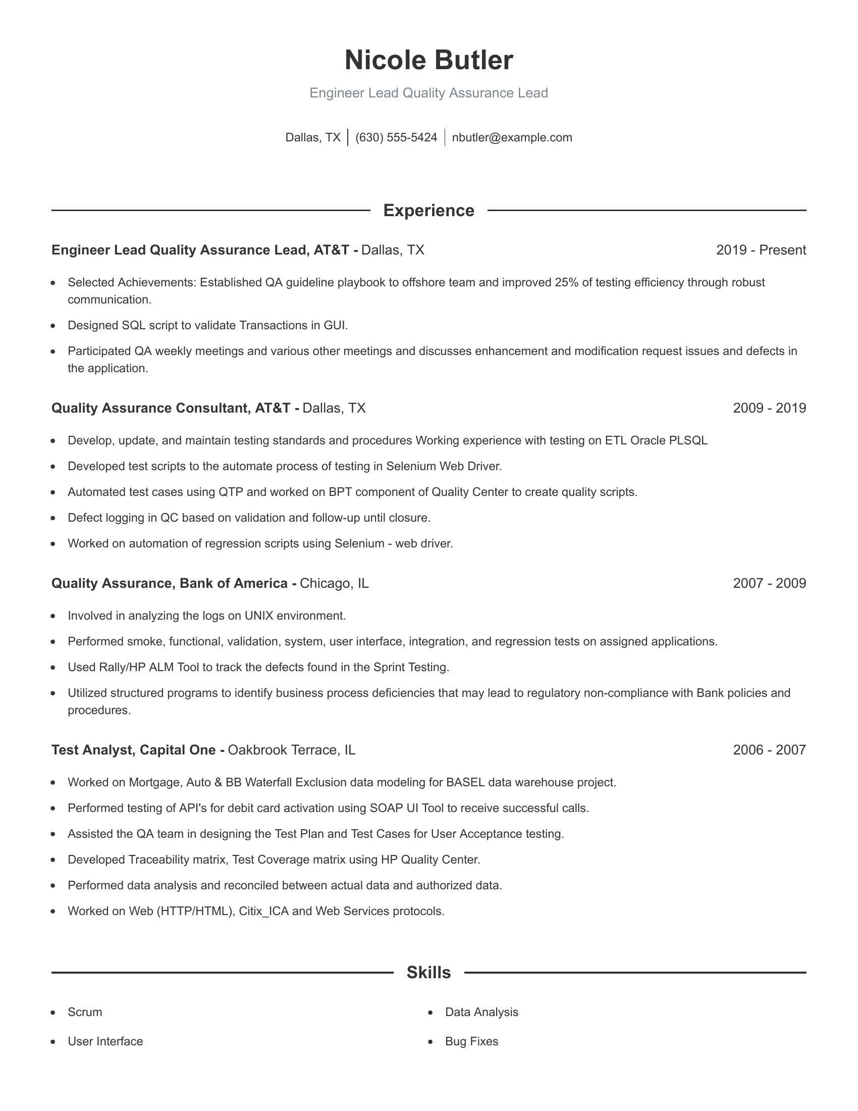 Engineer Lead Quality Assurance Lead resume example