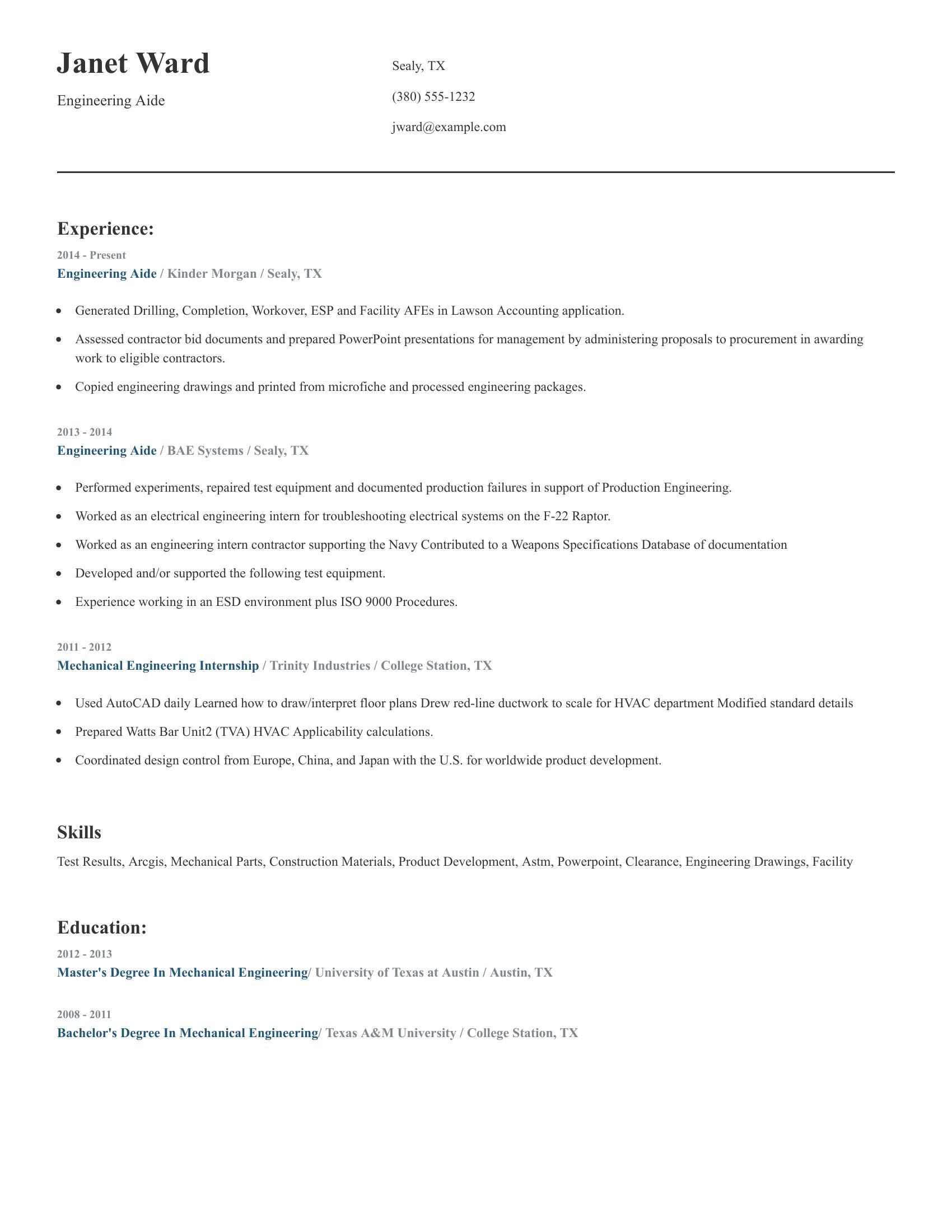 Engineering Aide resume example