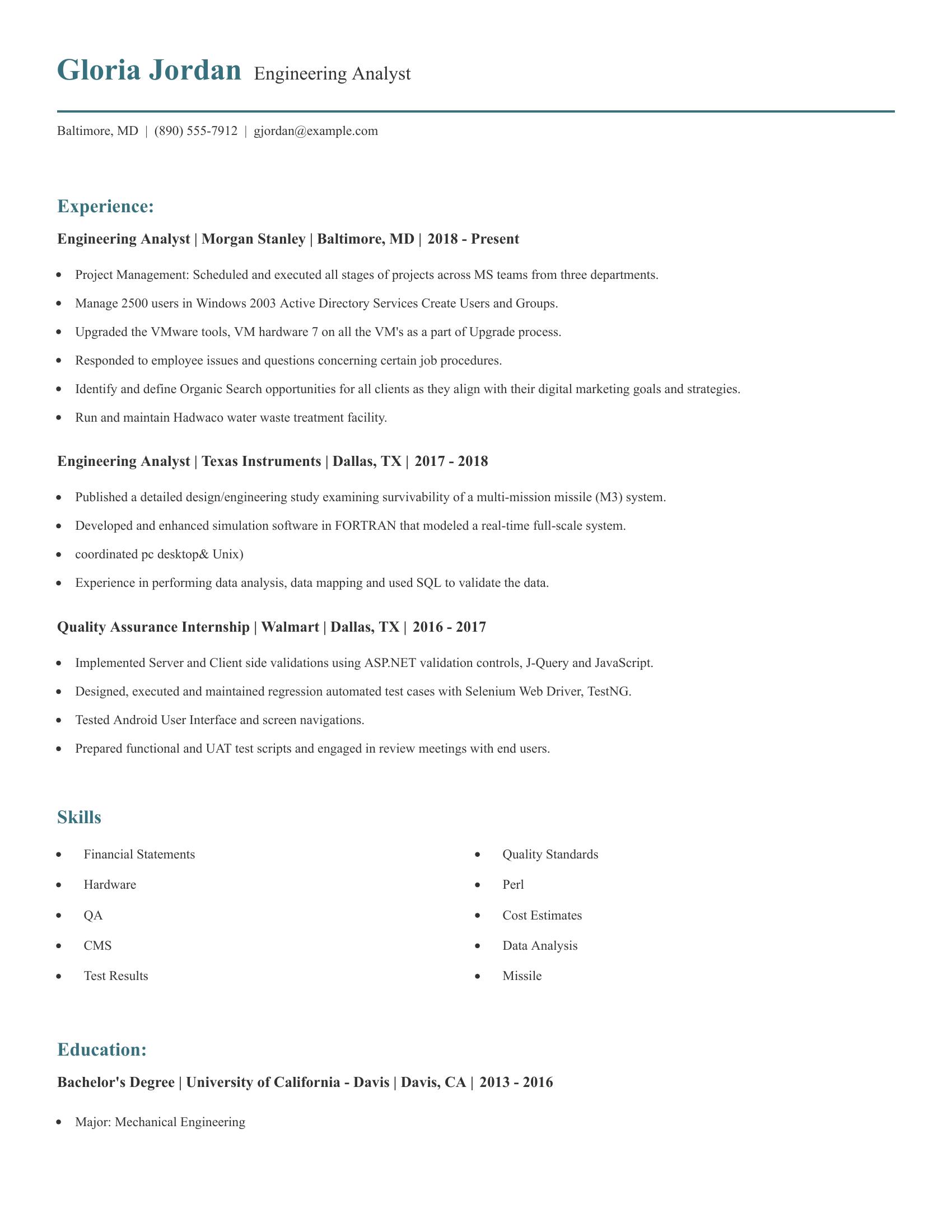 Engineering Analyst resume example