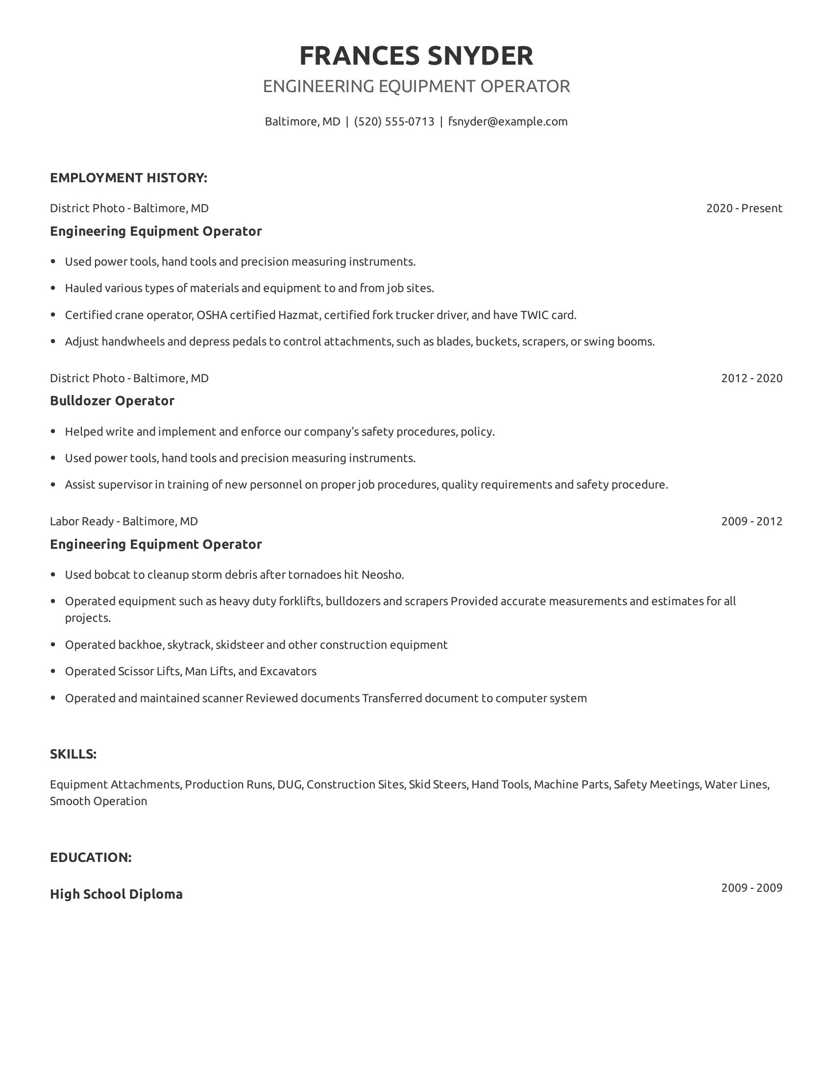 Engineering Equipment Operator resume example