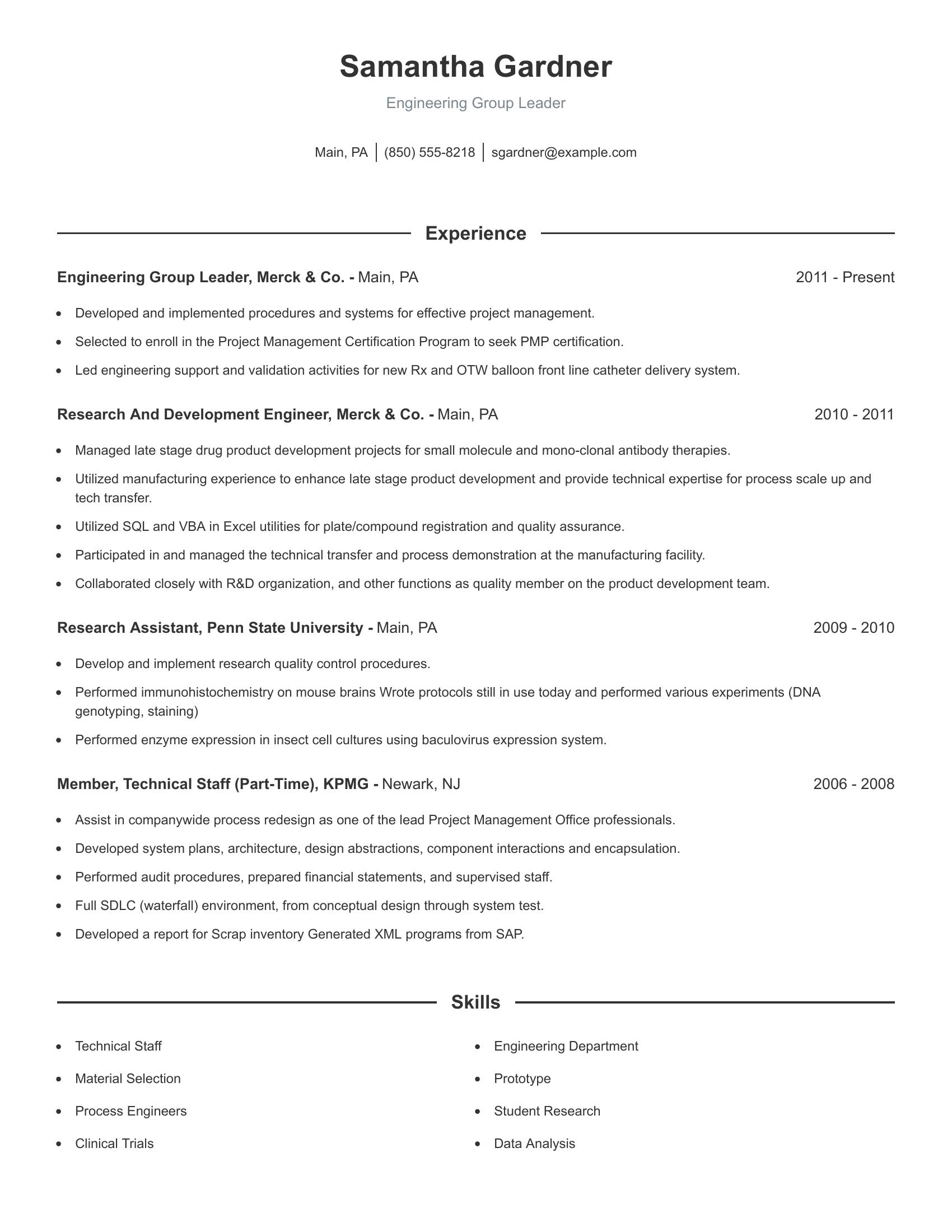 Engineering Group Leader resume example