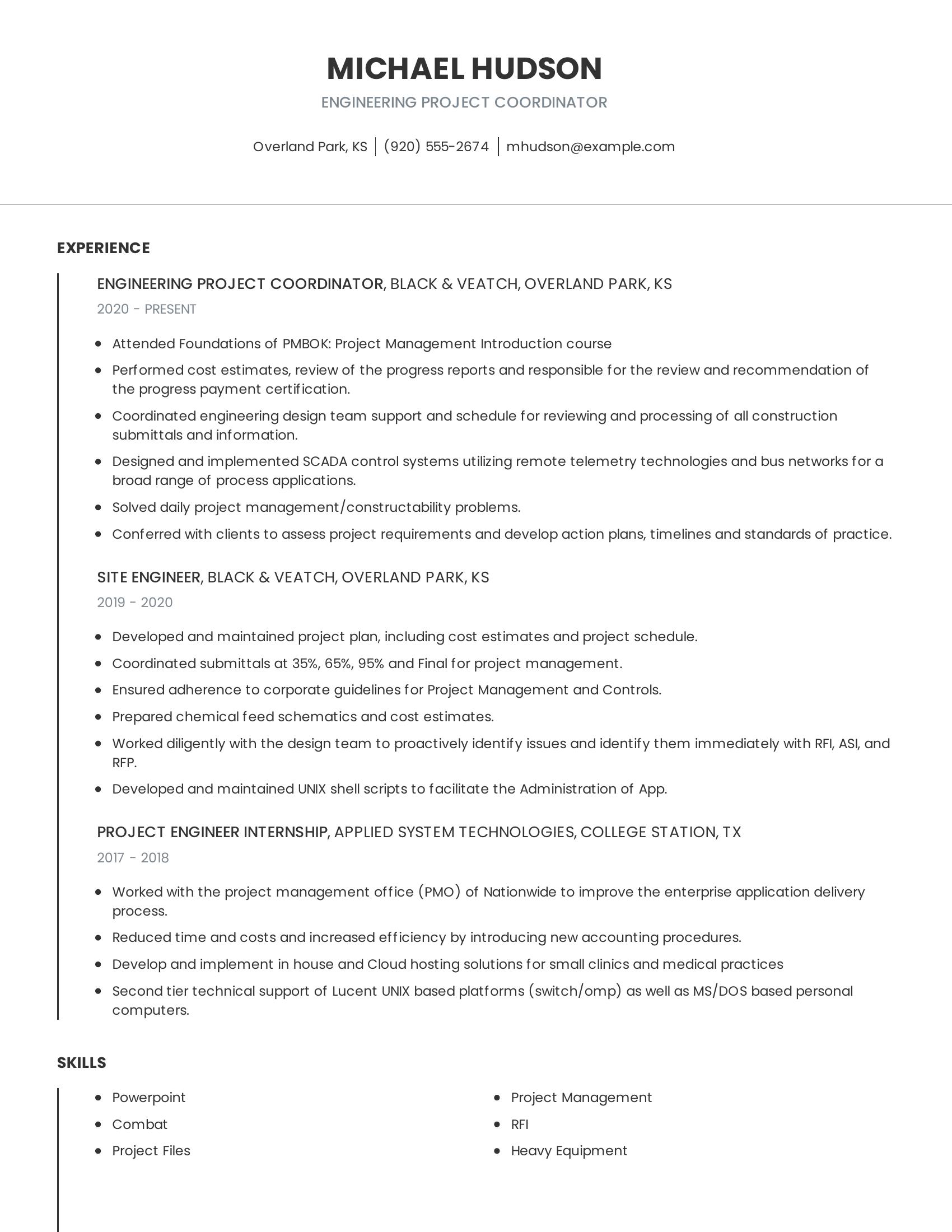 Engineering Project Coordinator resume example