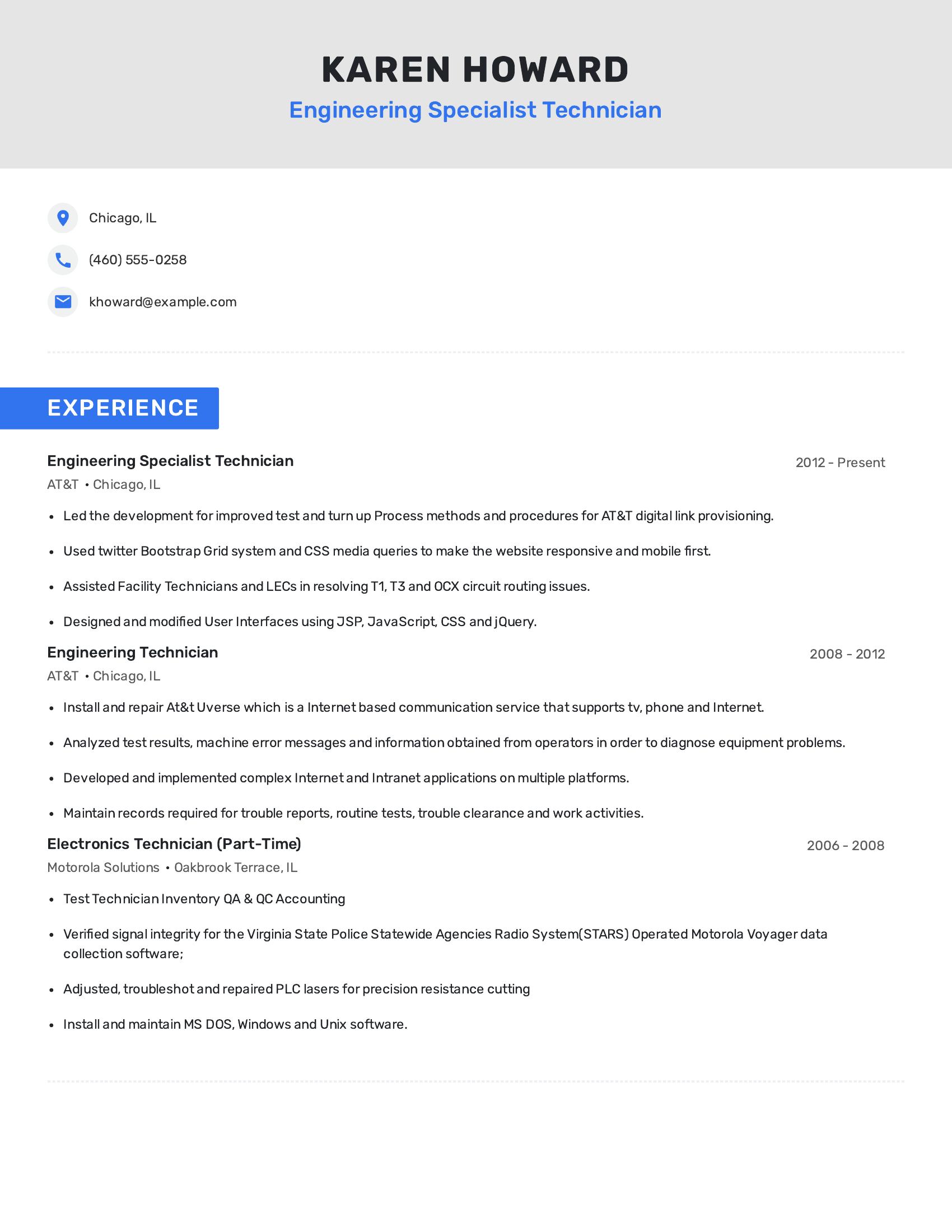 Engineering Specialist Technician resume example