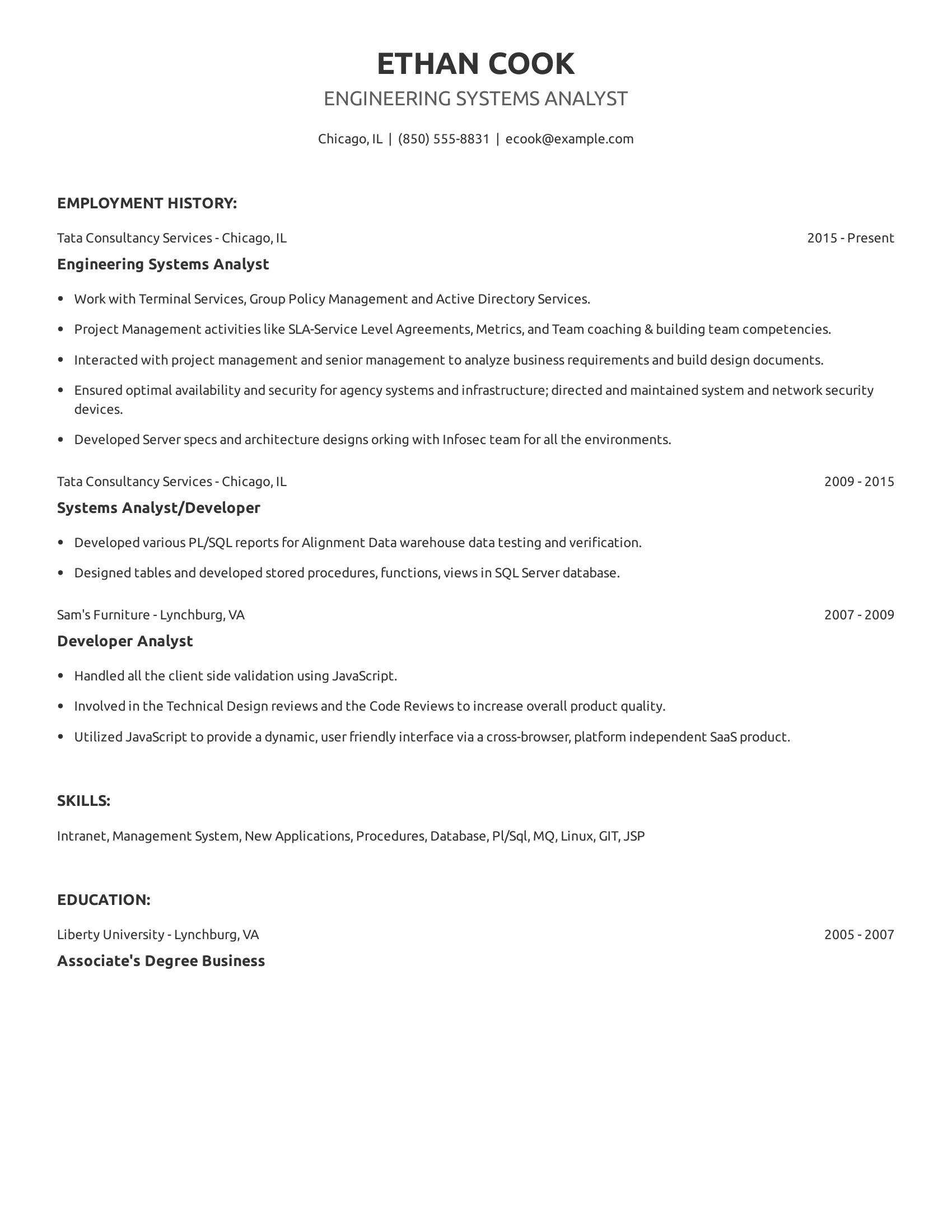 Engineering Systems Analyst resume example