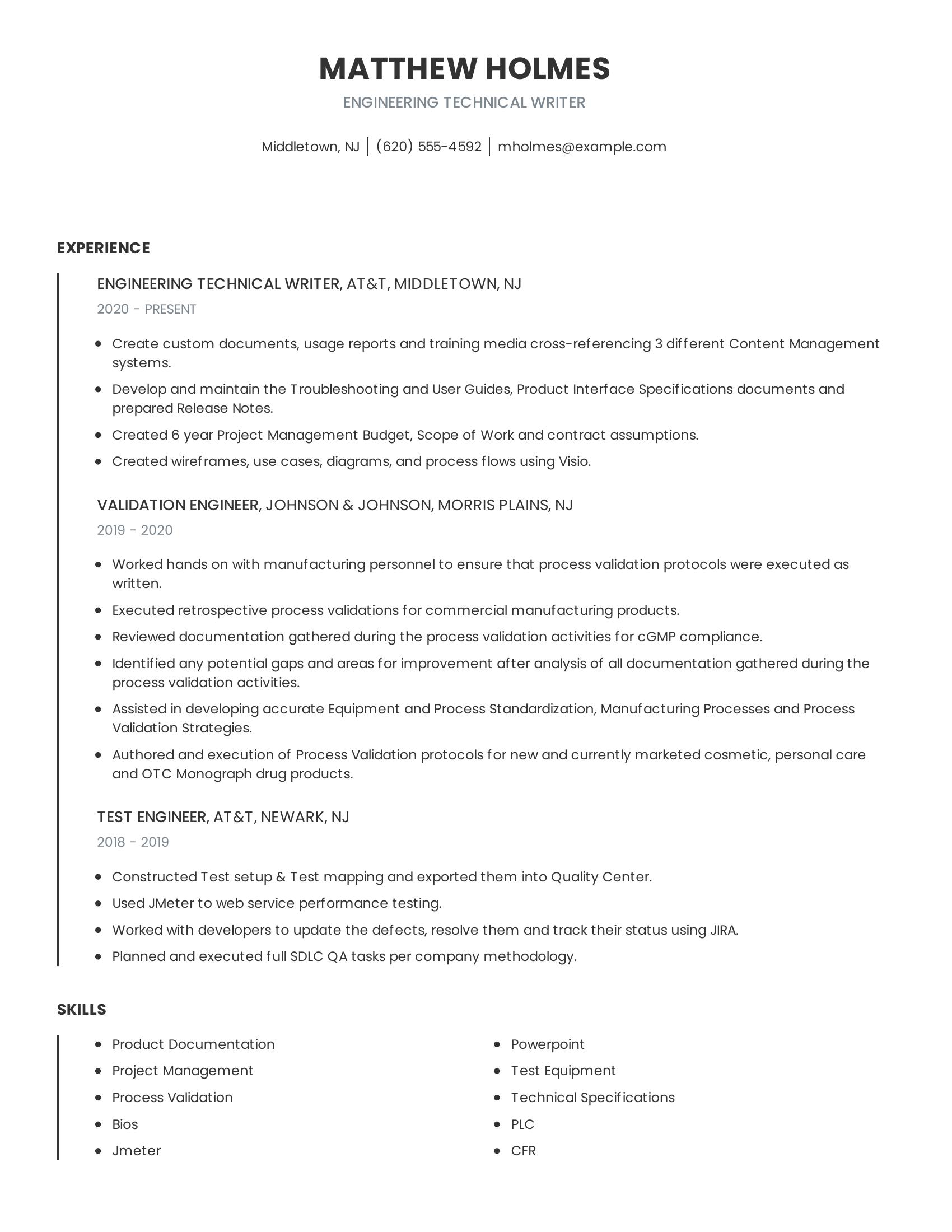 Engineering Technical Writer resume example