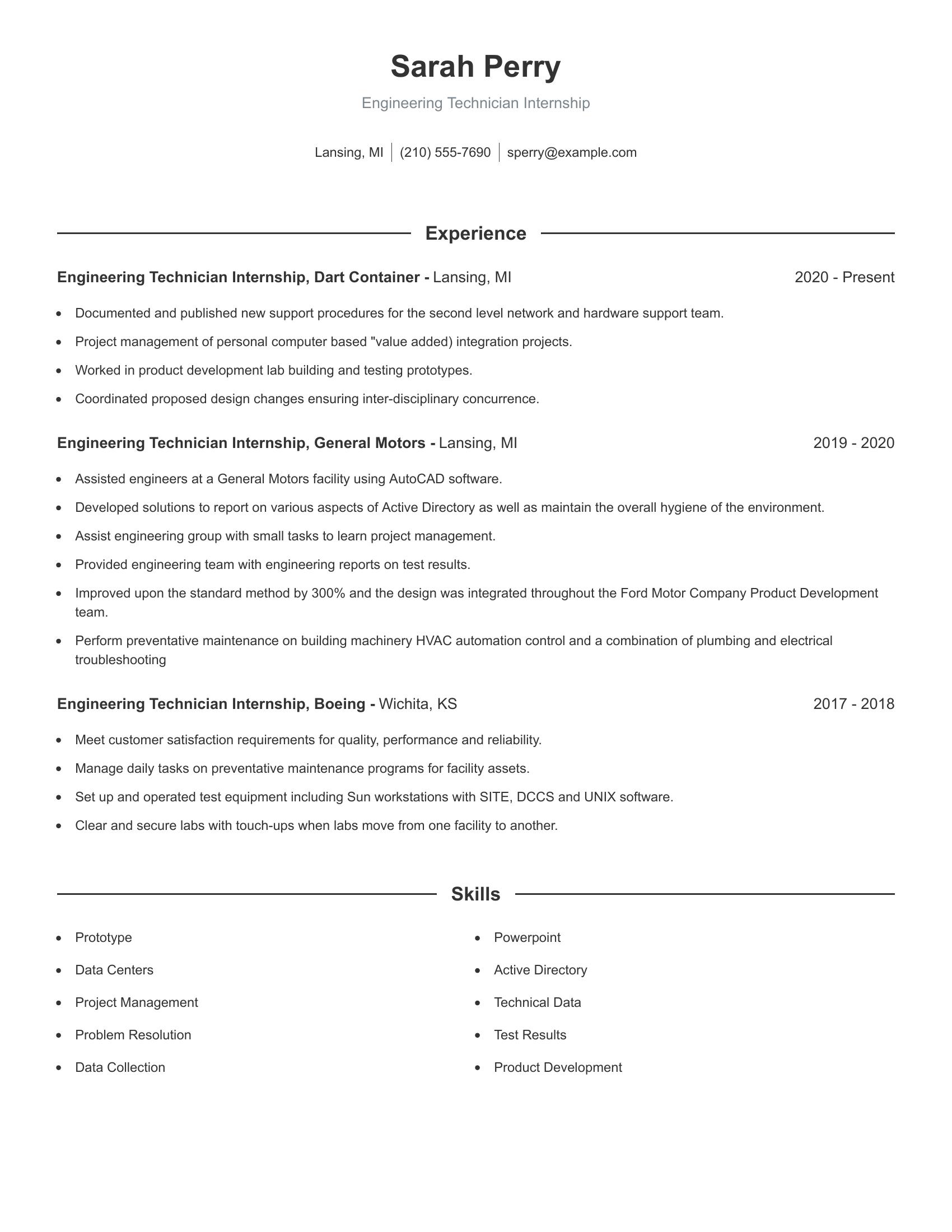 Engineering Technician Internship resume example