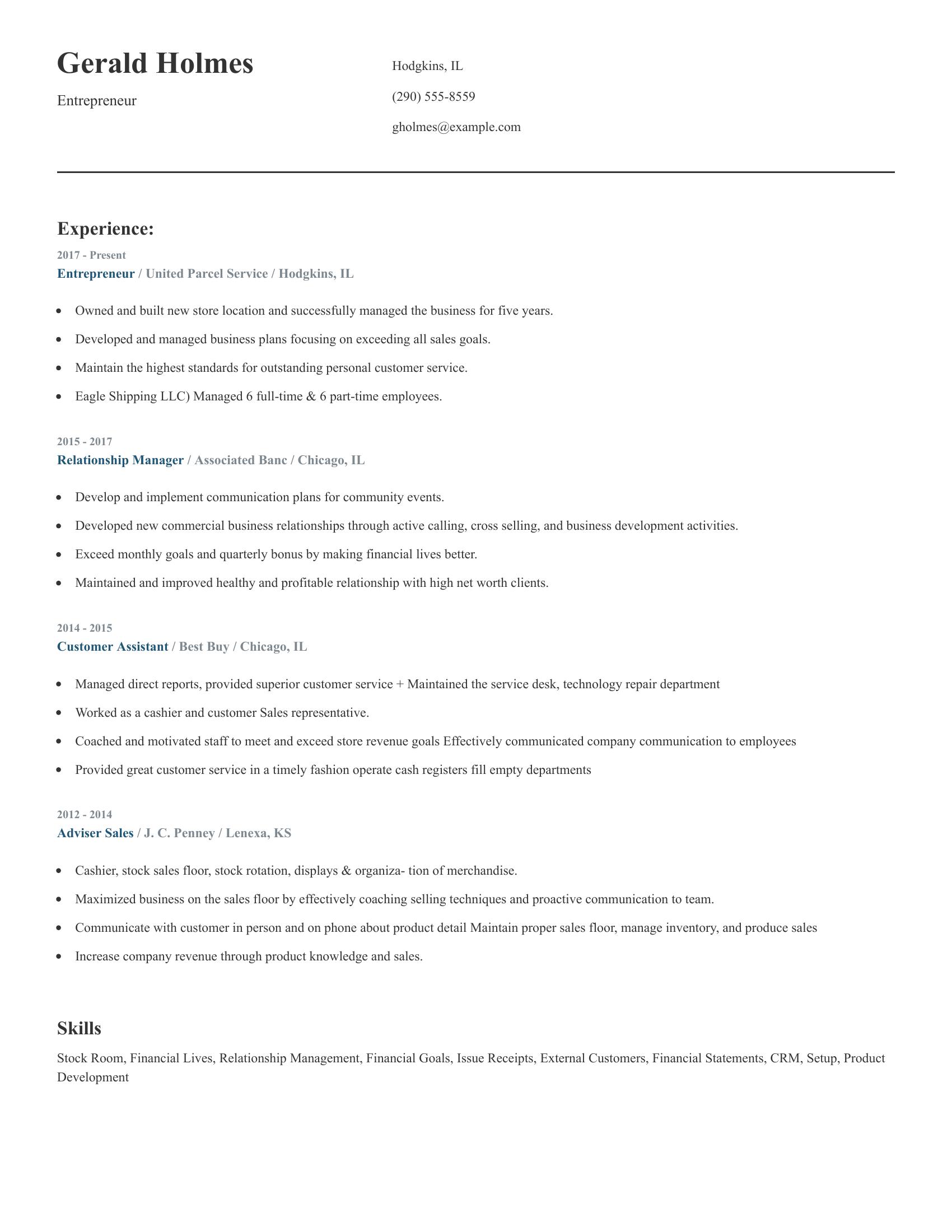 Entrepreneur resume example