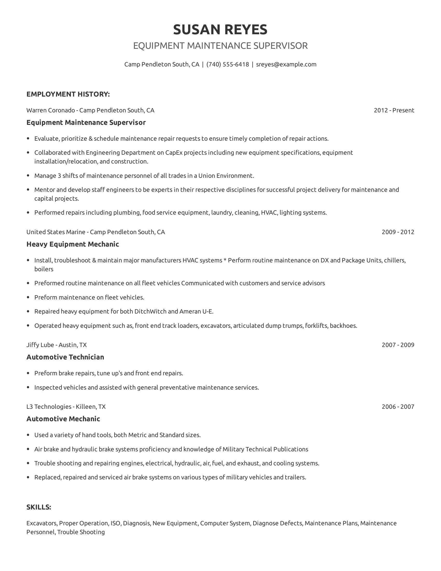 Equipment Maintenance Supervisor resume example