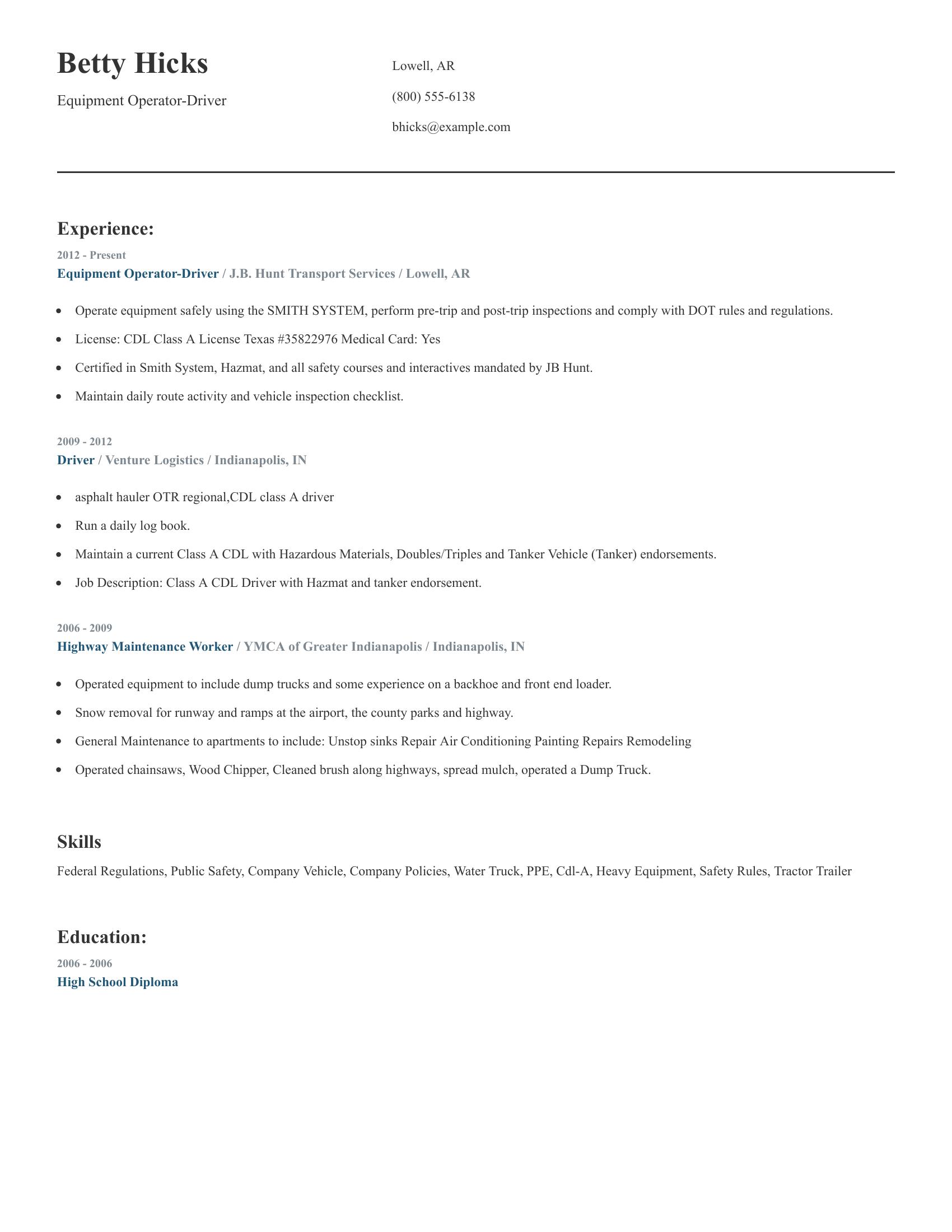 Equipment Operator-Driver resume example