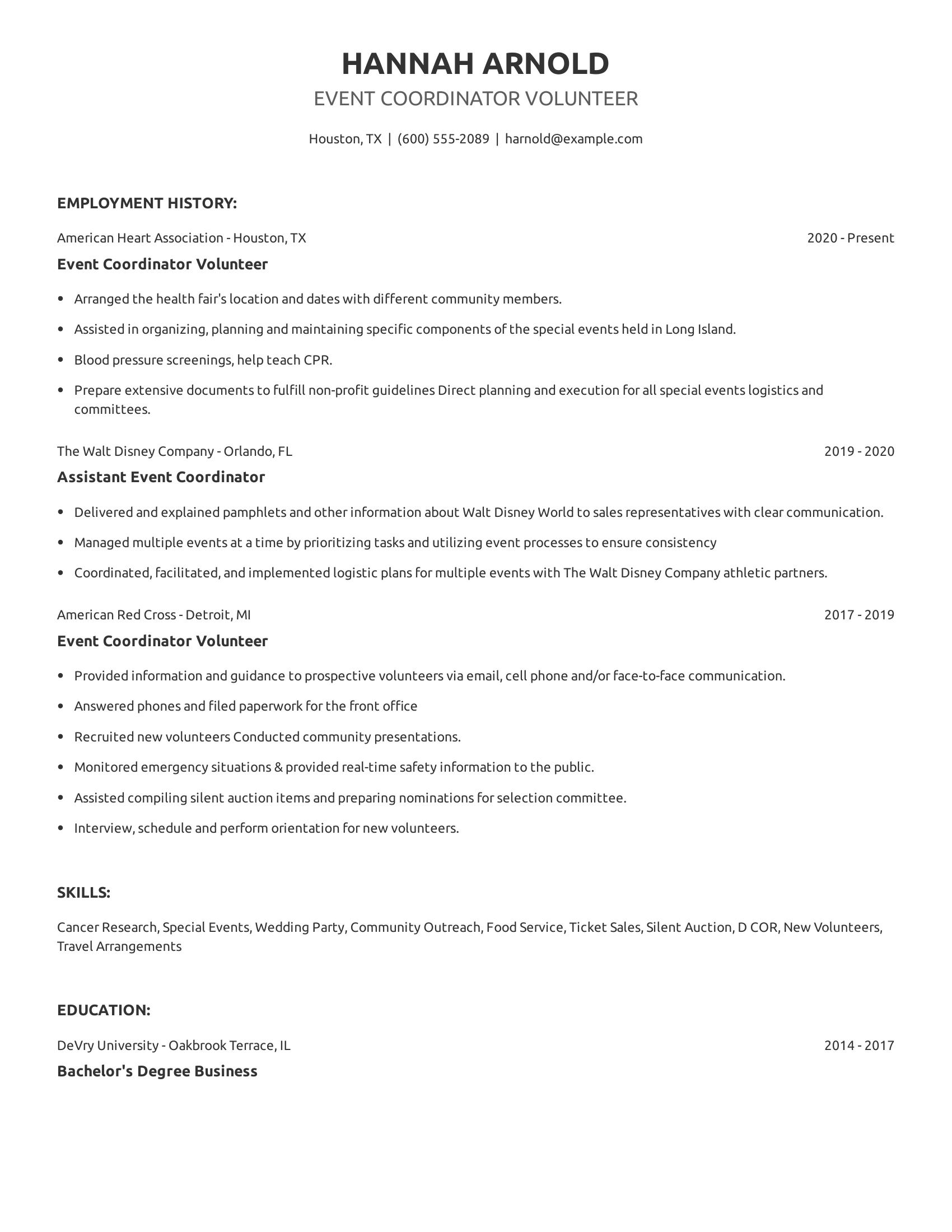 Event Coordinator Volunteer resume example