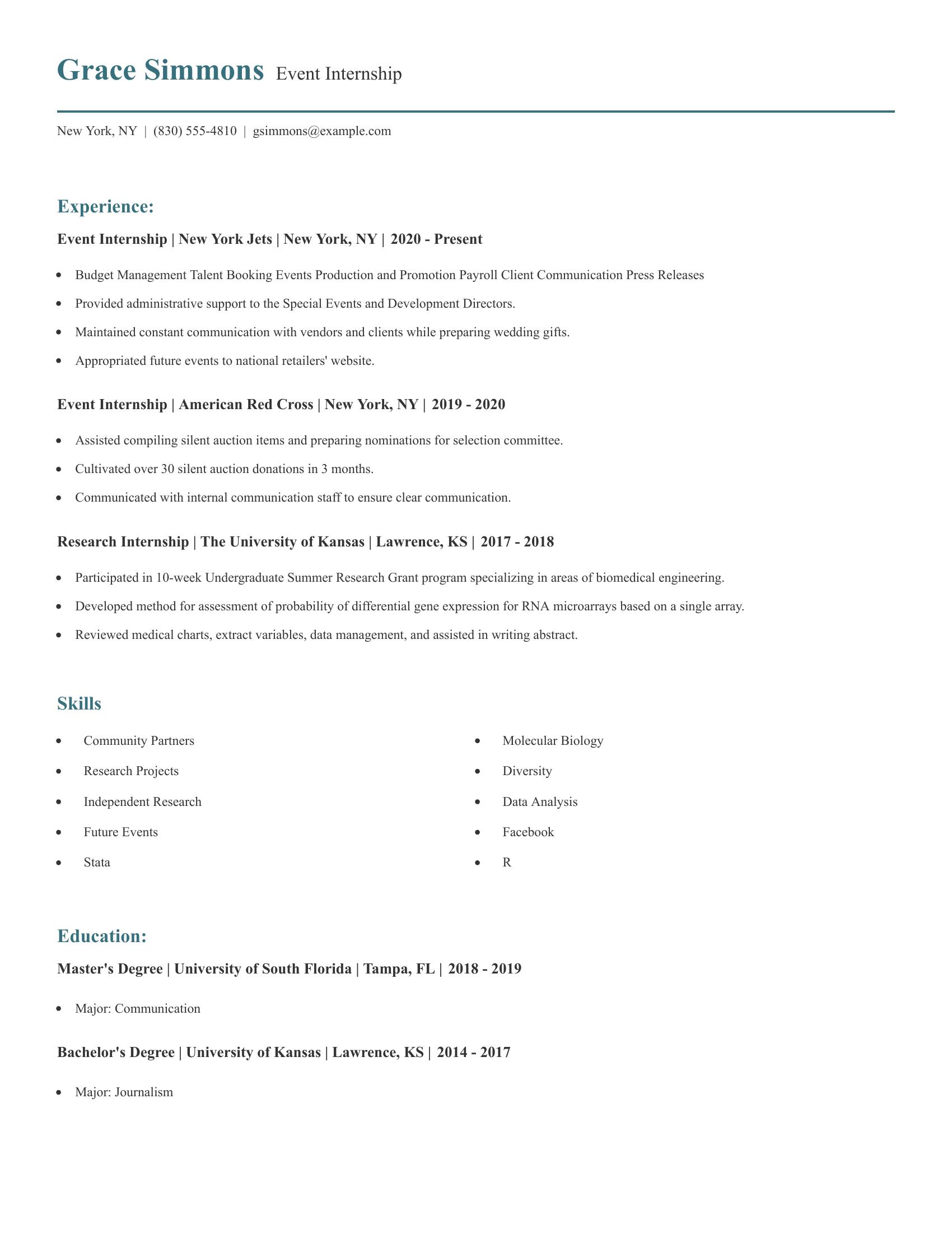 Event Internship resume example