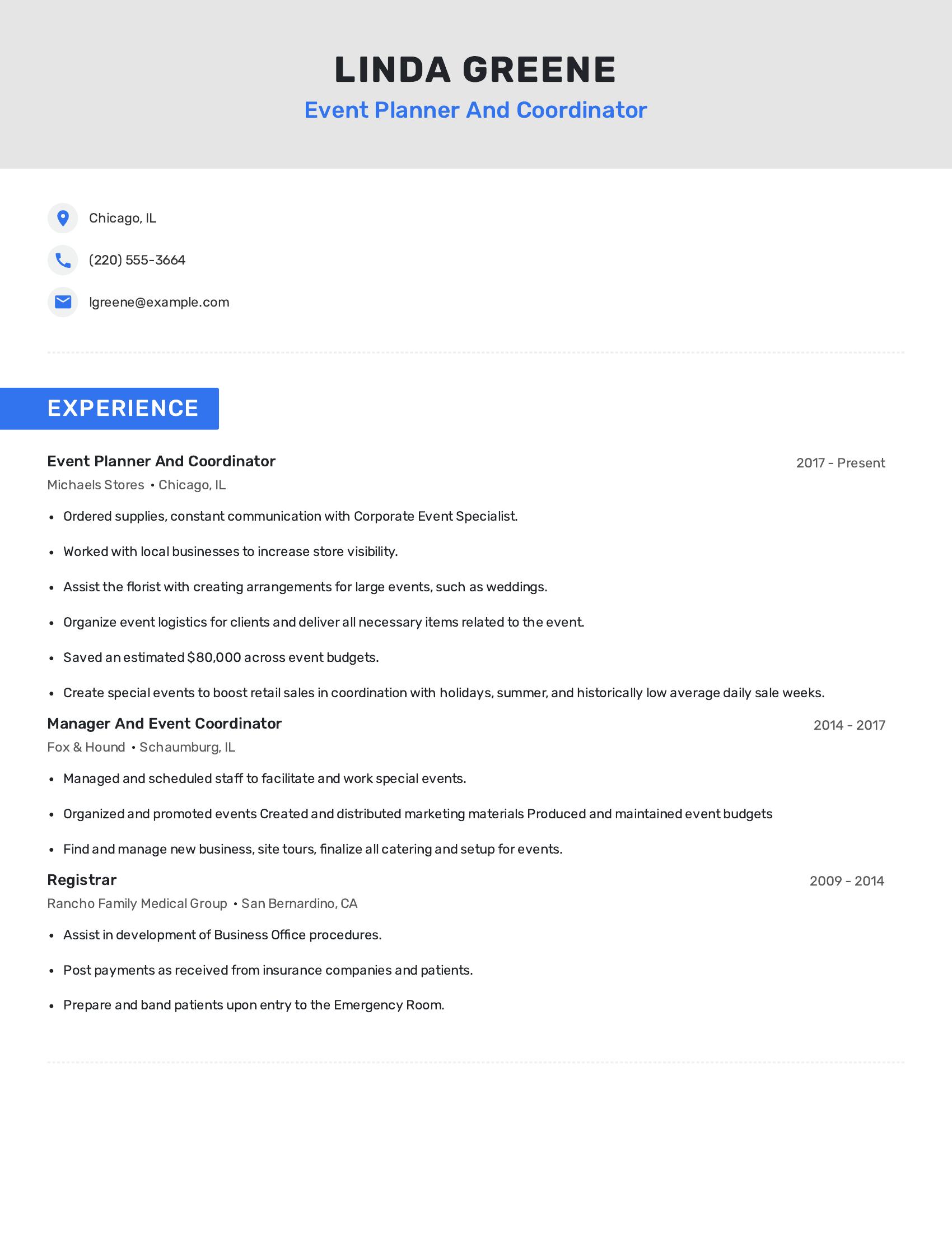 Event Planner And Coordinator resume example
