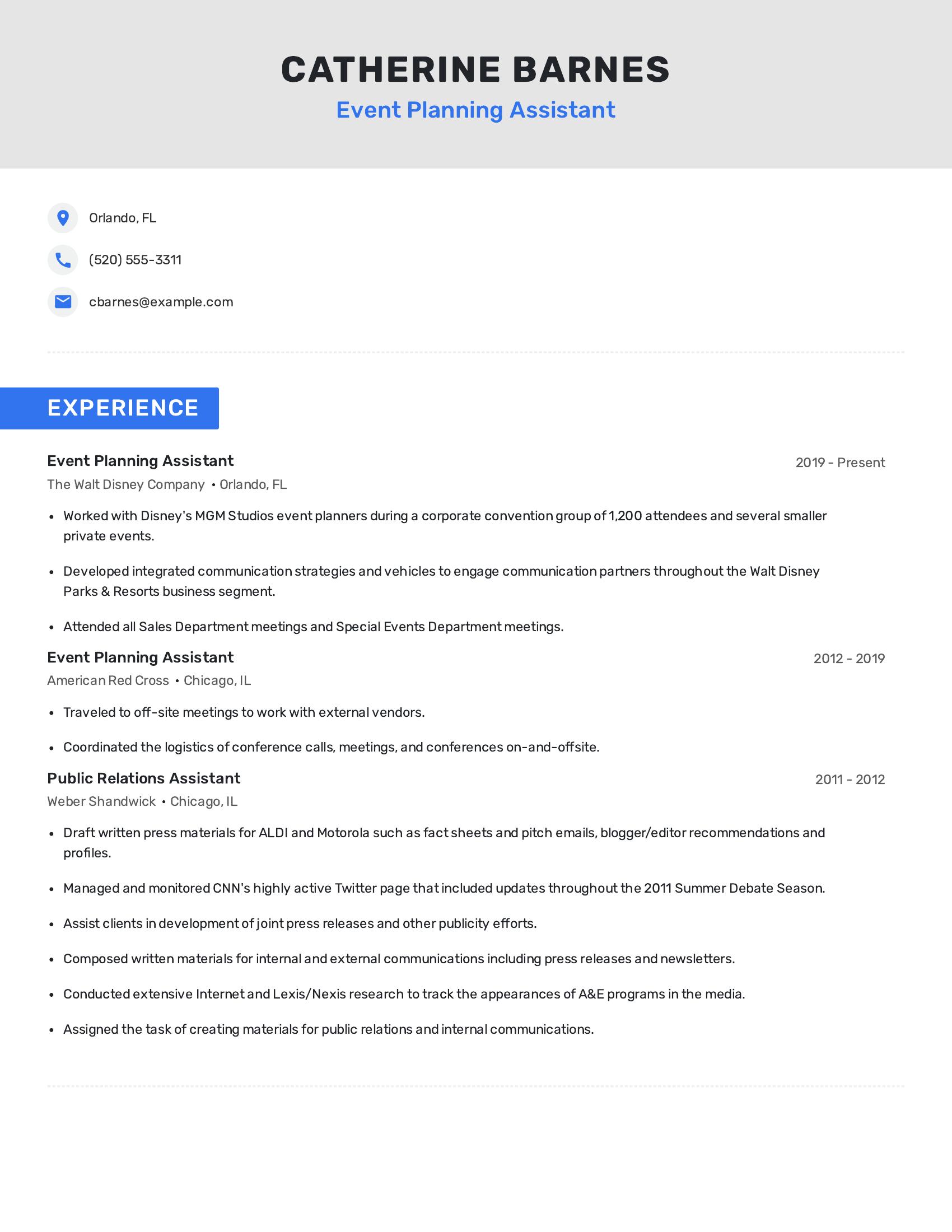 Event Planning Assistant resume example