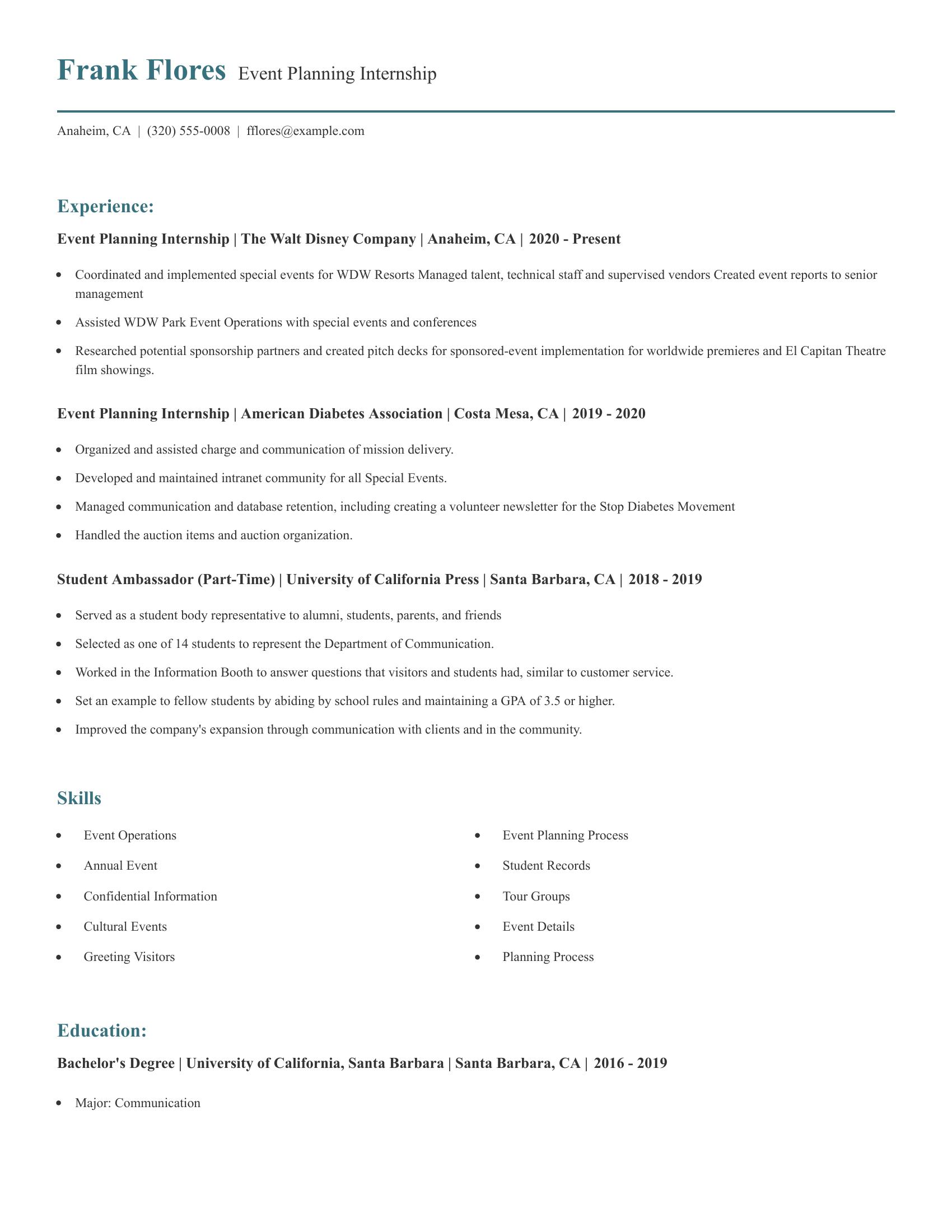 Event Planning Internship resume example