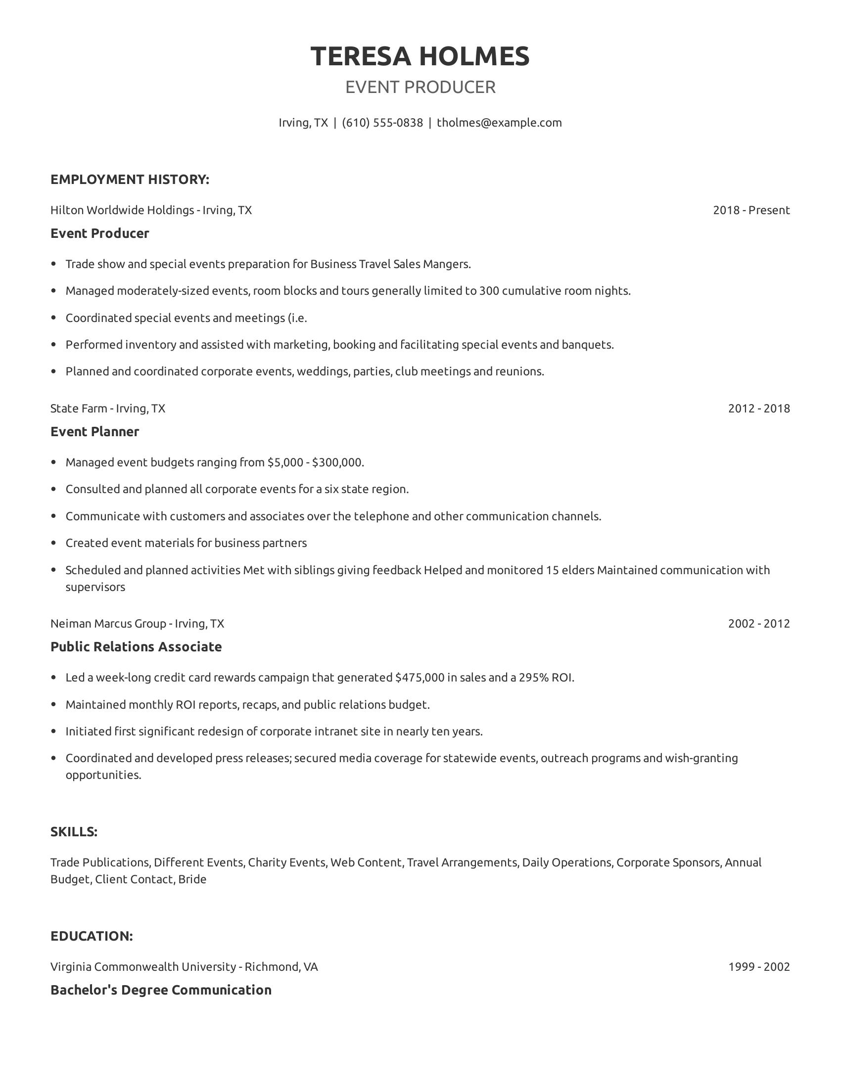 Event Producer resume example