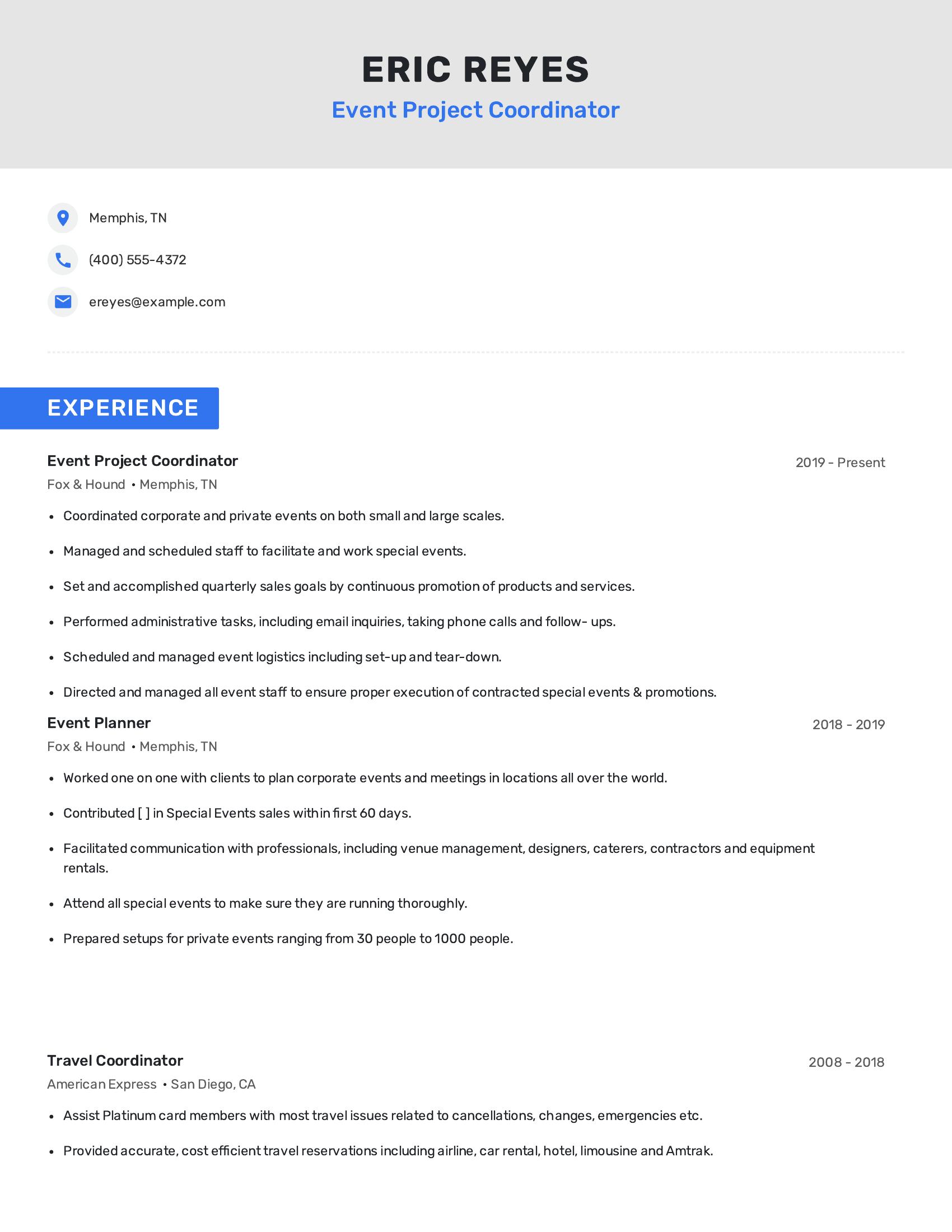 Event Project Coordinator resume example