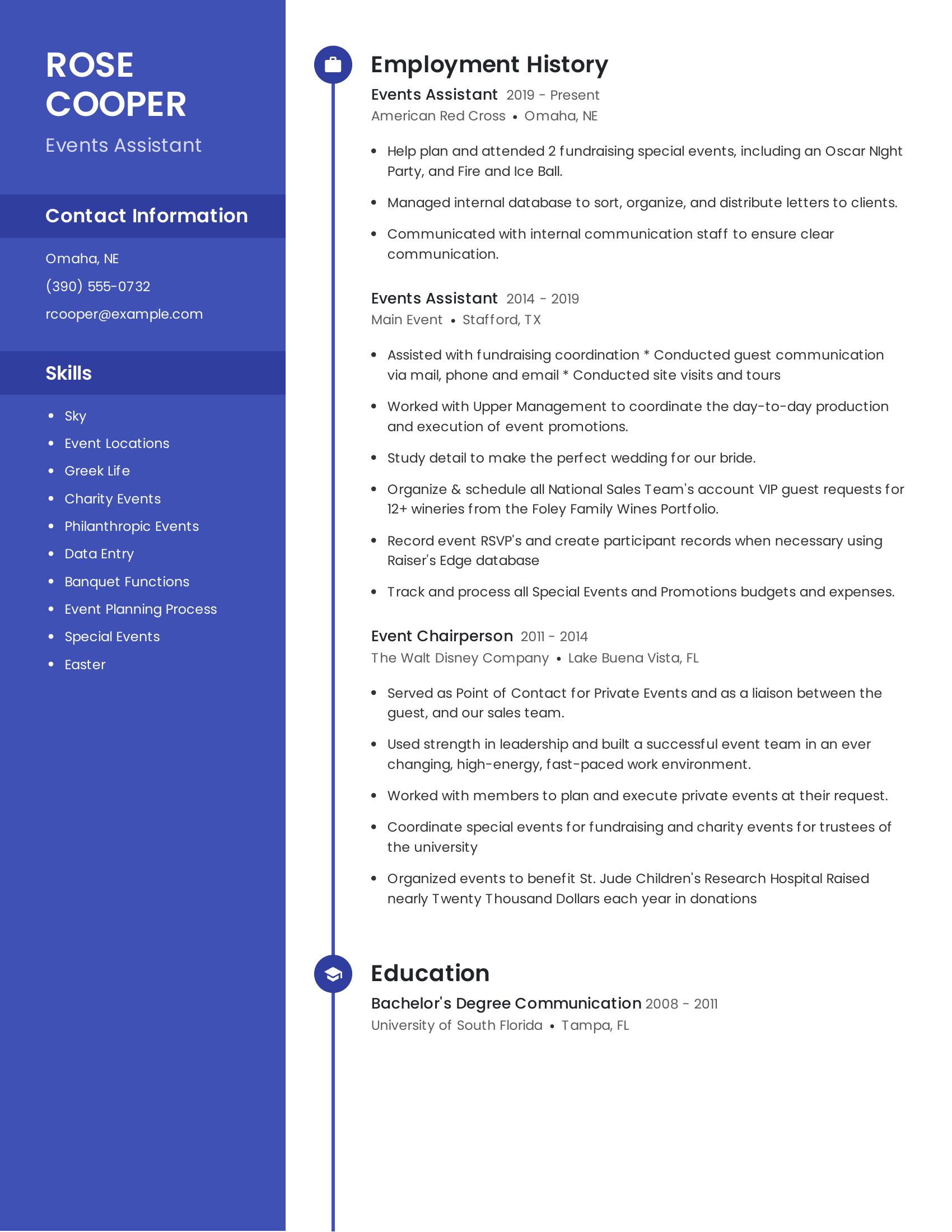 Events Assistant resume example