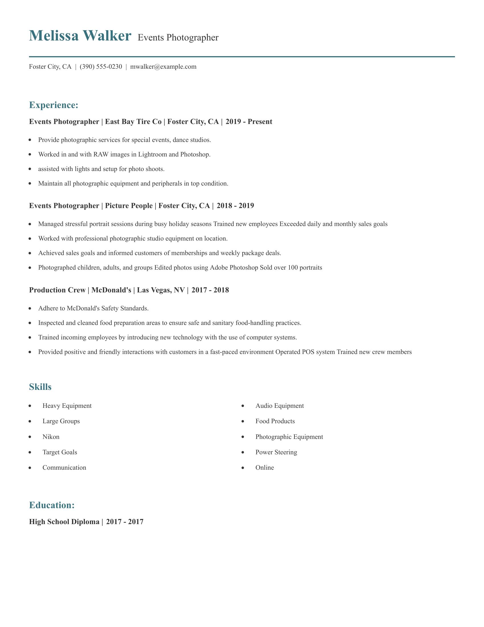 Events Photographer resume example