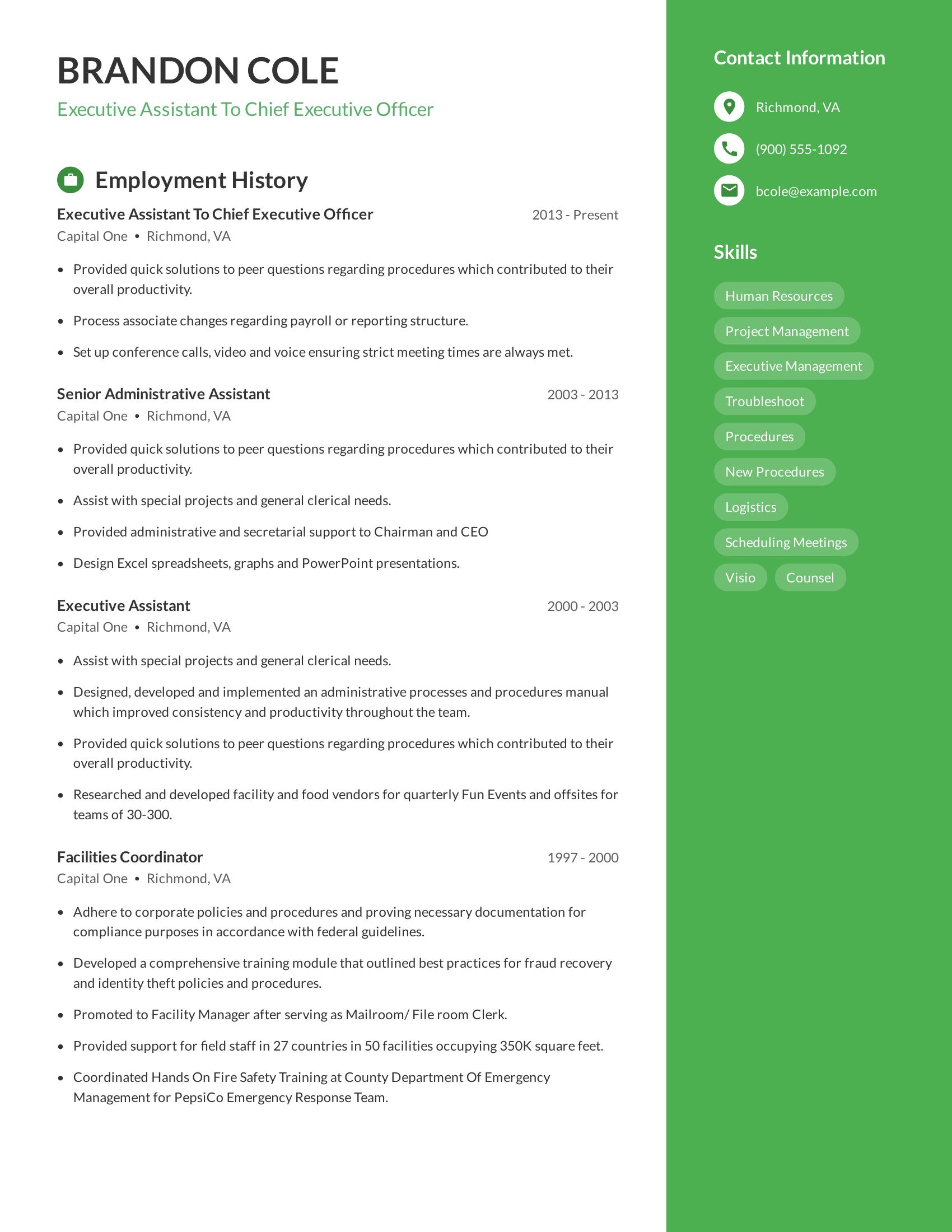 Executive Assistant To Chief Executive Officer resume example