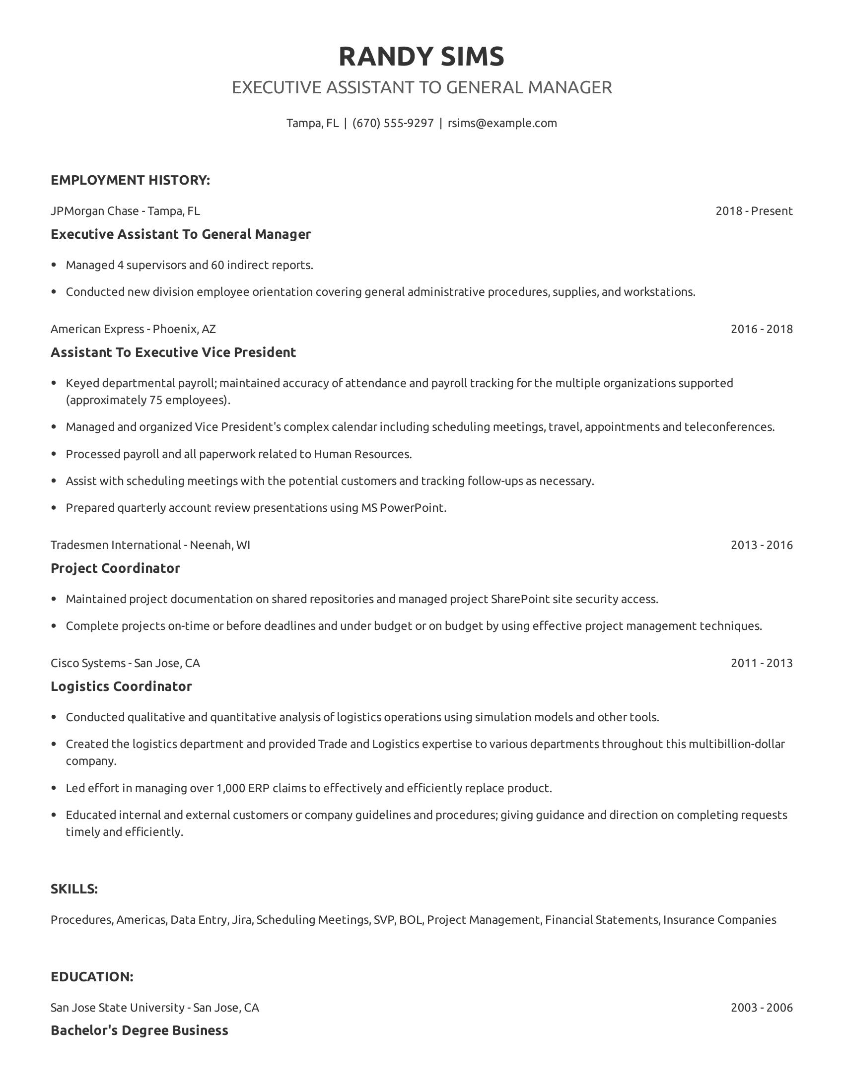 Executive Assistant To General Manager resume example