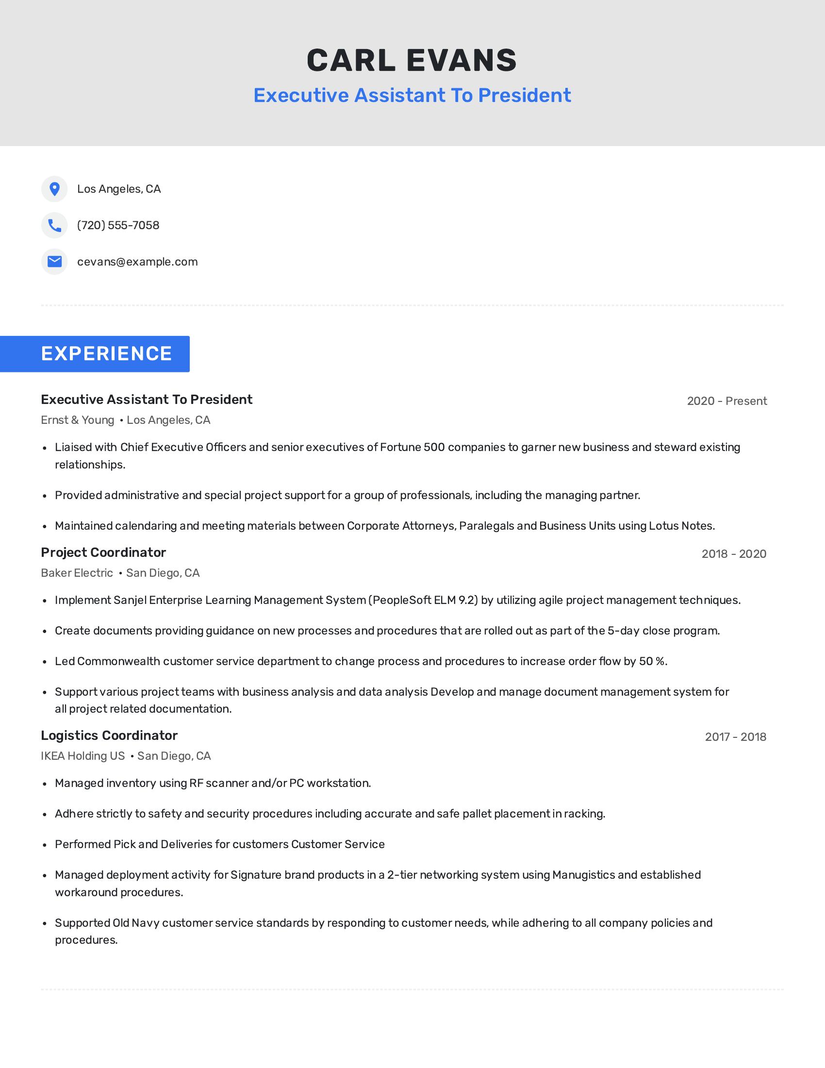 Executive Assistant To President resume example
