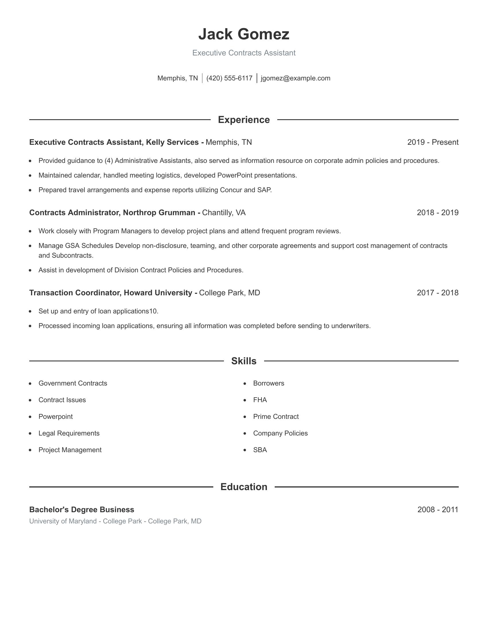 Executive Contracts Assistant resume example