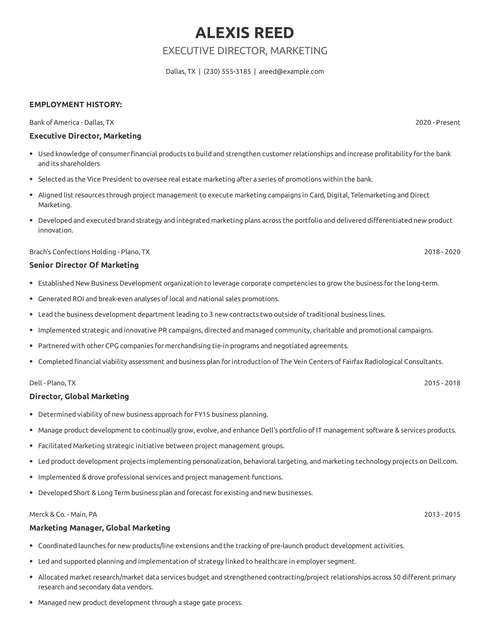 Executive Director, Marketing resume example