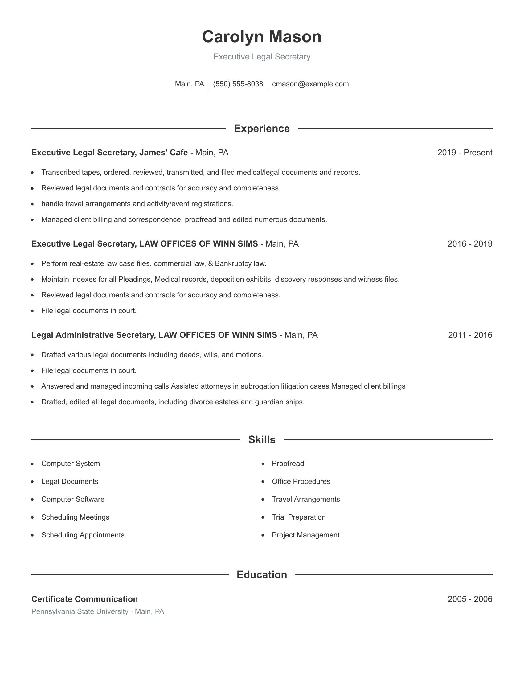 Executive Legal Secretary resume example