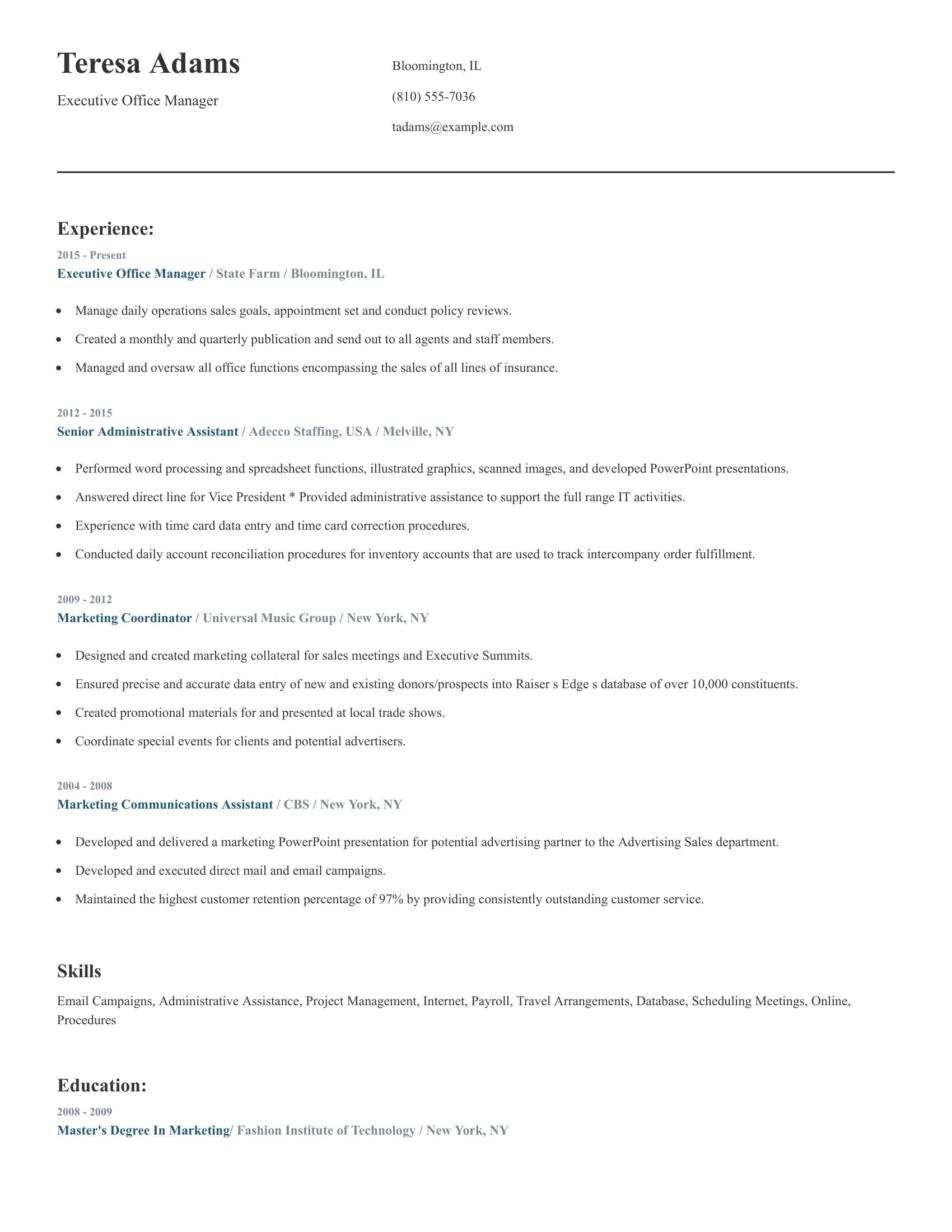 Executive Office Manager resume example