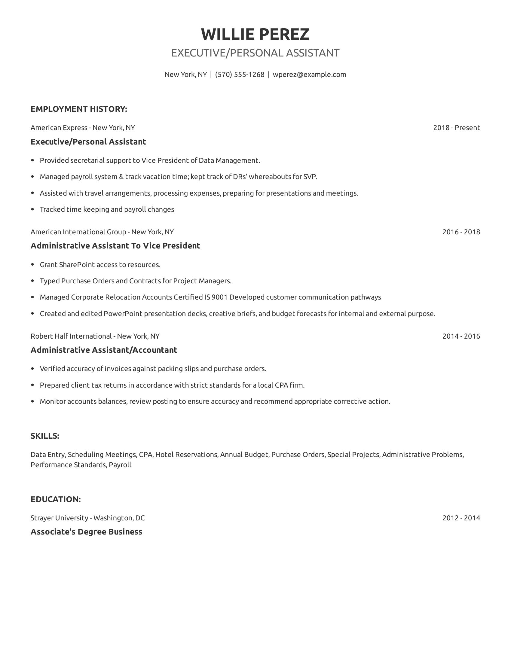 Executive/Personal Assistant resume example