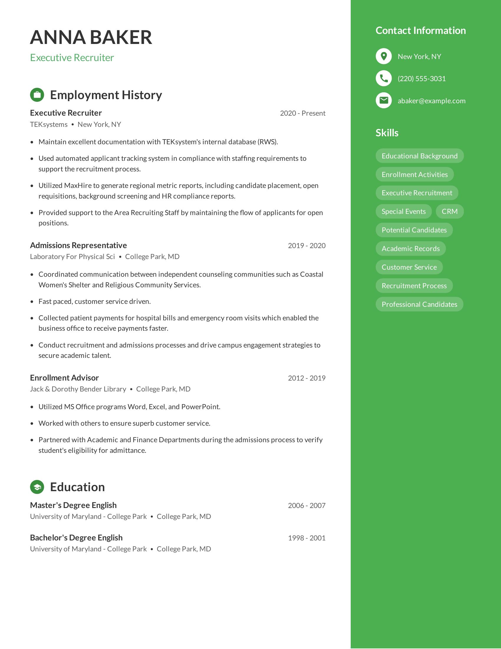 Executive Recruiter resume example