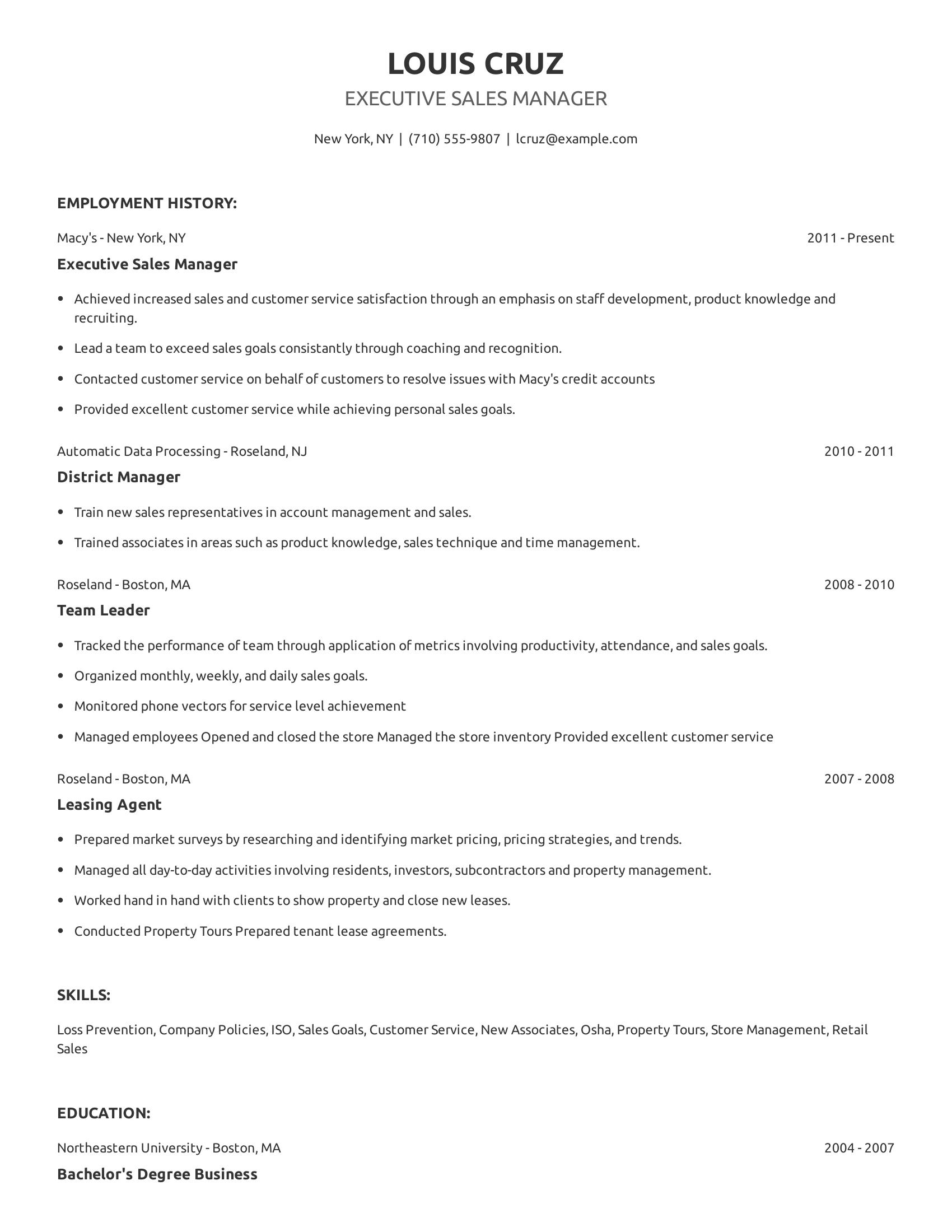 Executive Sales Manager resume example