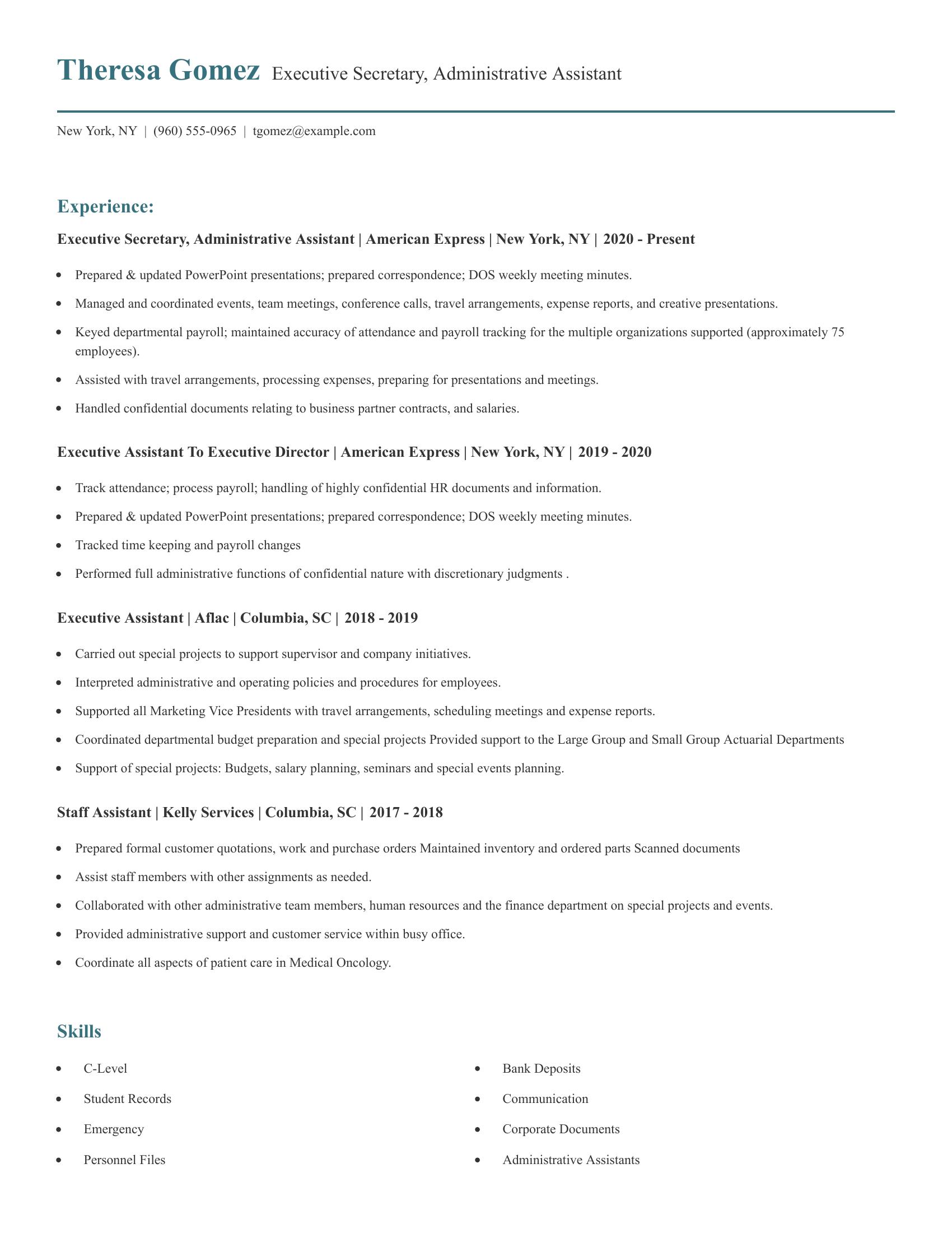 Executive Secretary, Administrative Assistant resume example