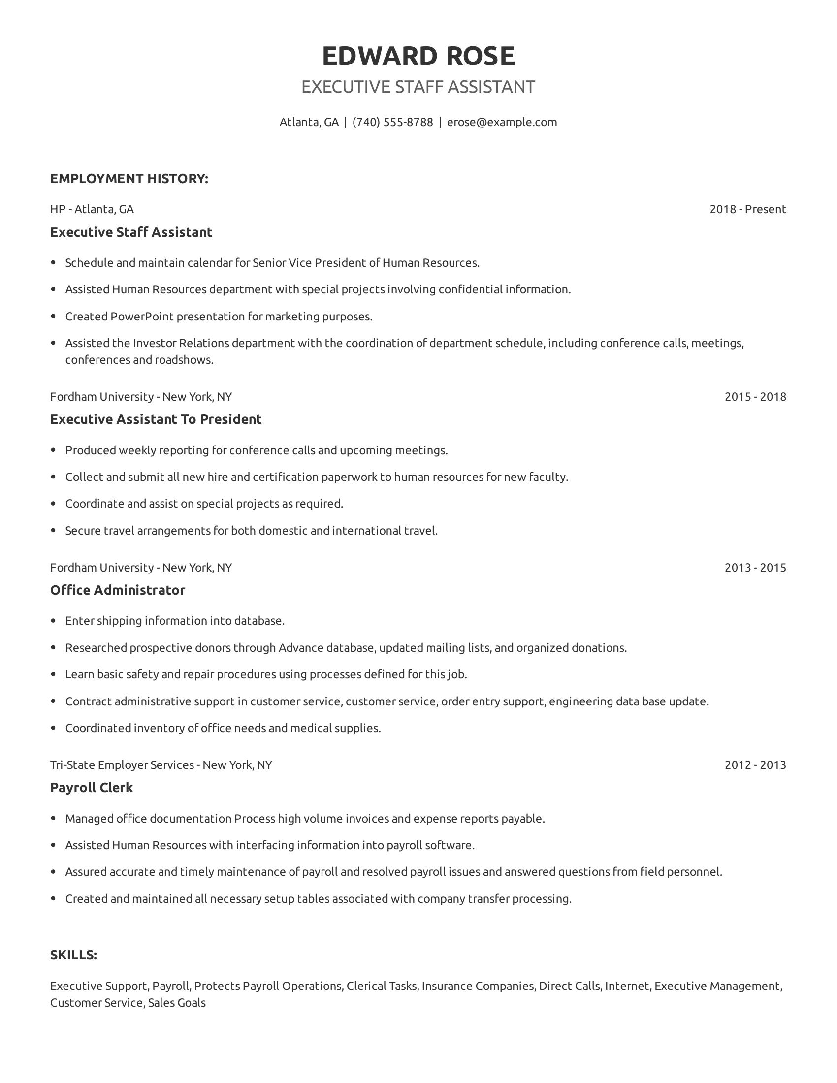 Executive Staff Assistant resume example