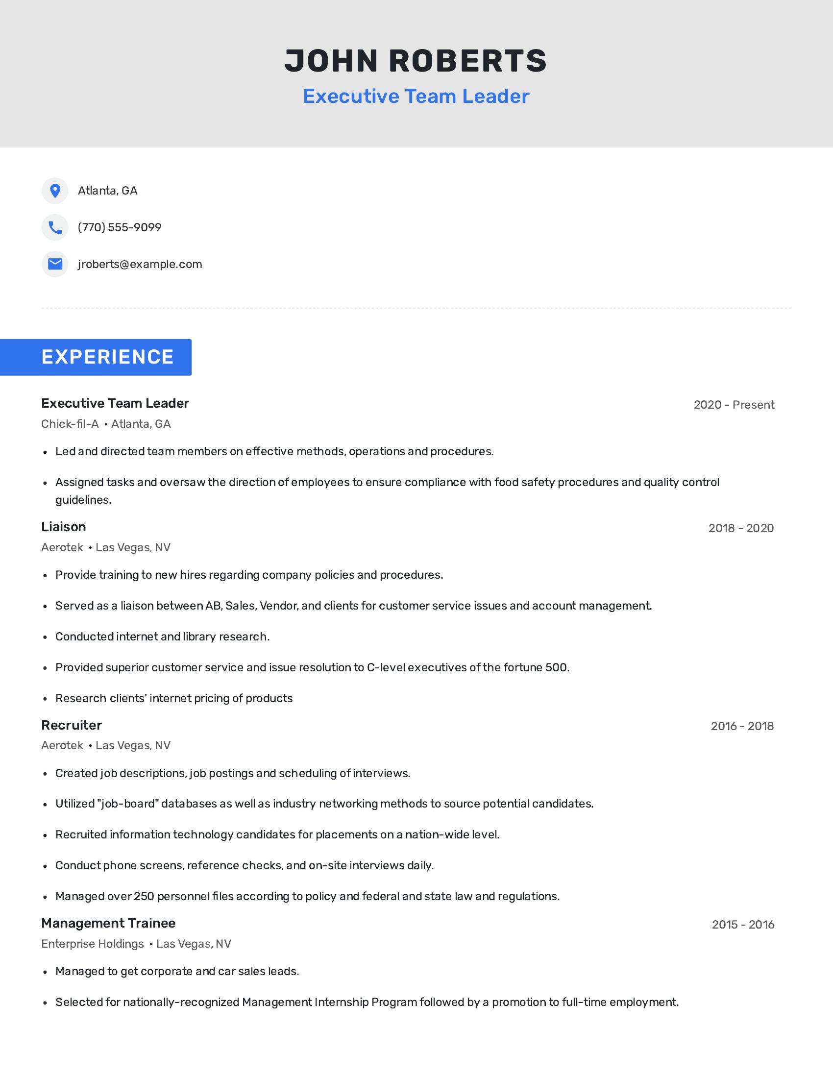 Executive Team Leader resume example