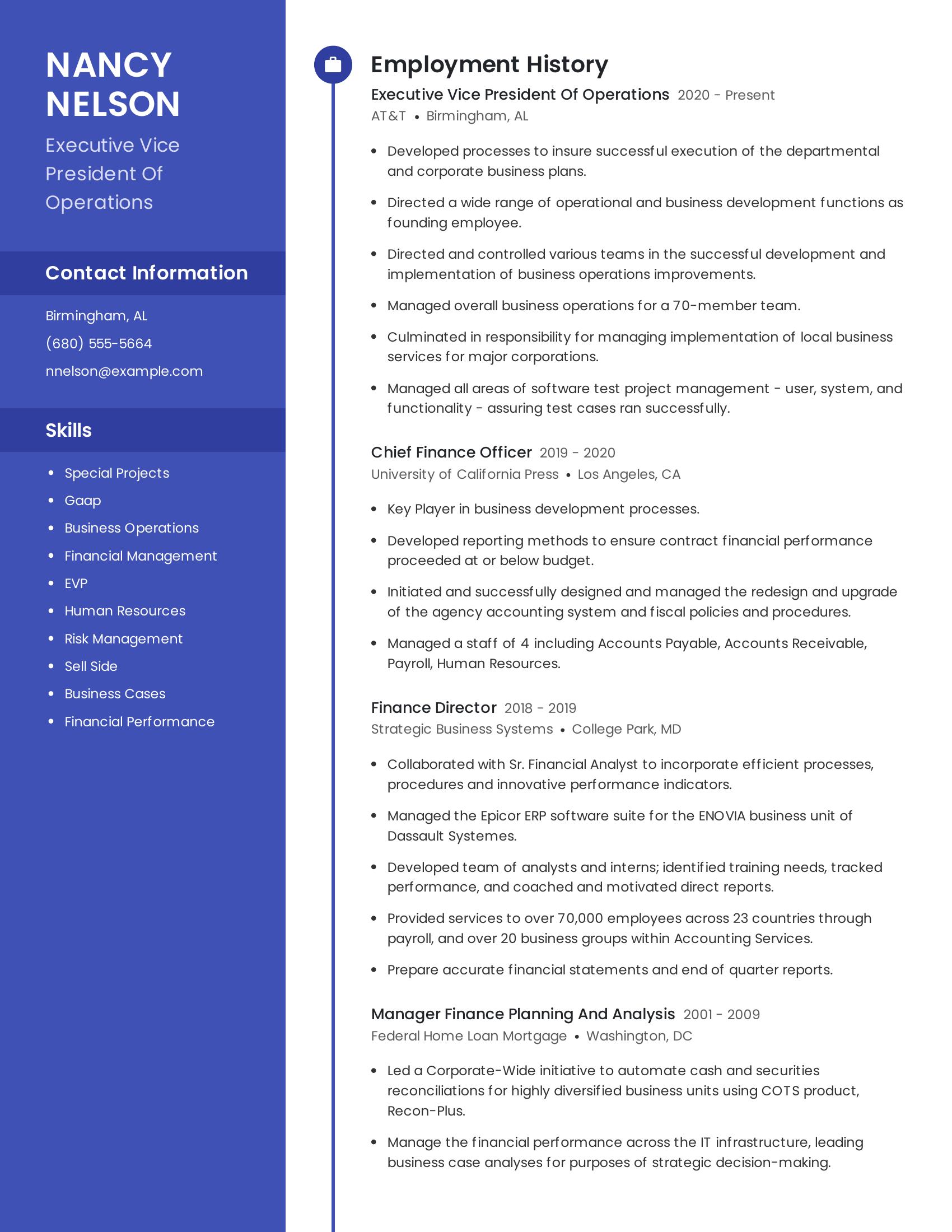 Executive Vice President Of Operations resume example