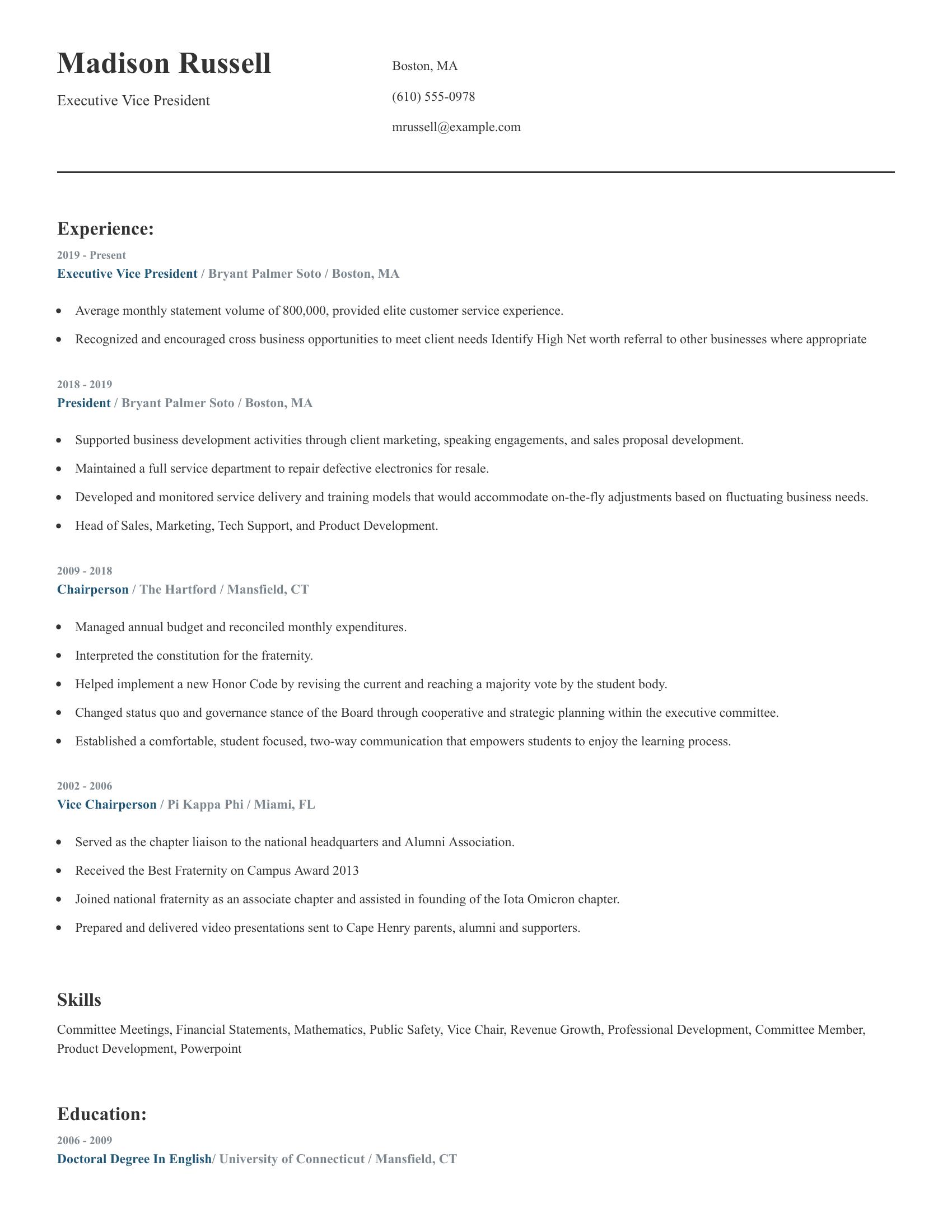 Executive Vice President resume example