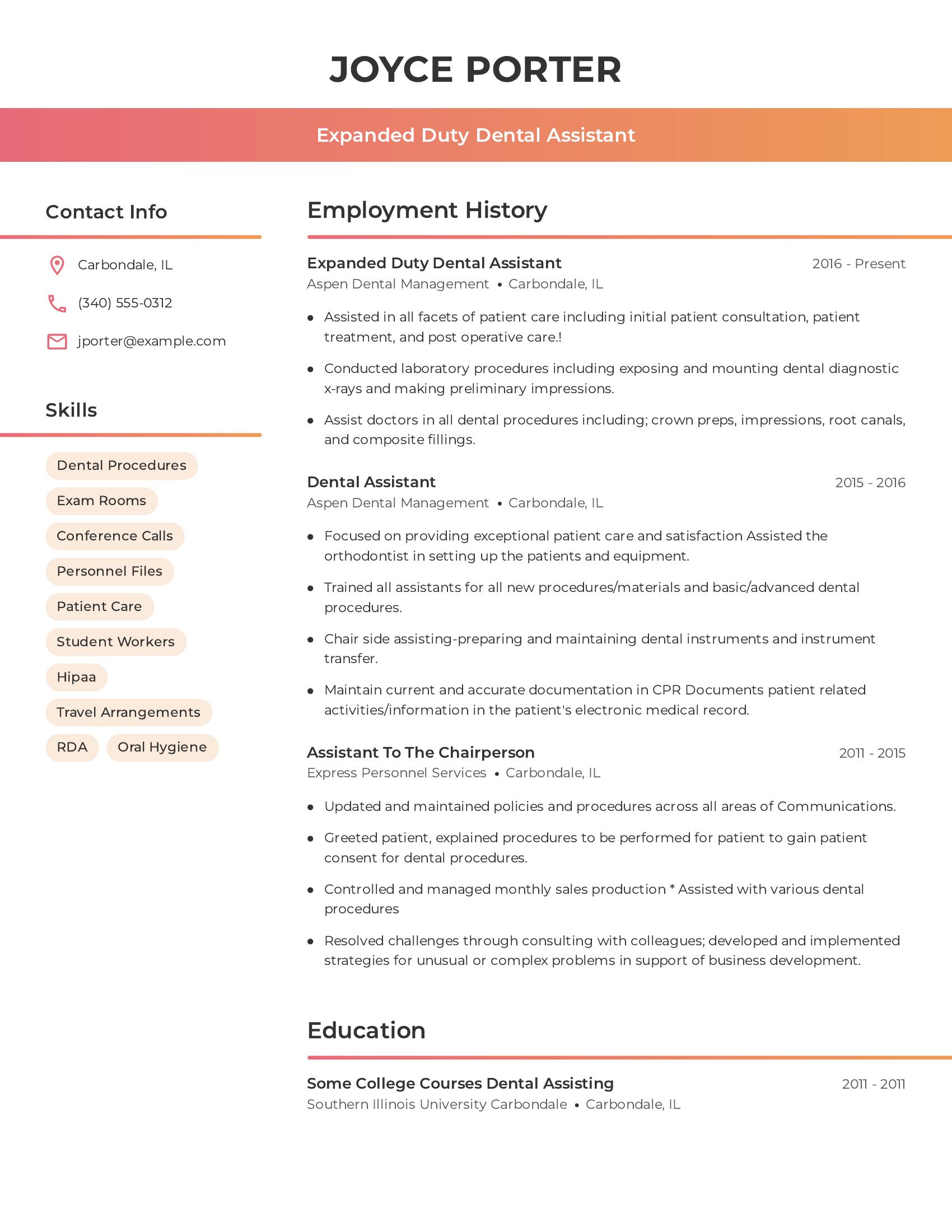 Expanded Duty Dental Assistant resume example